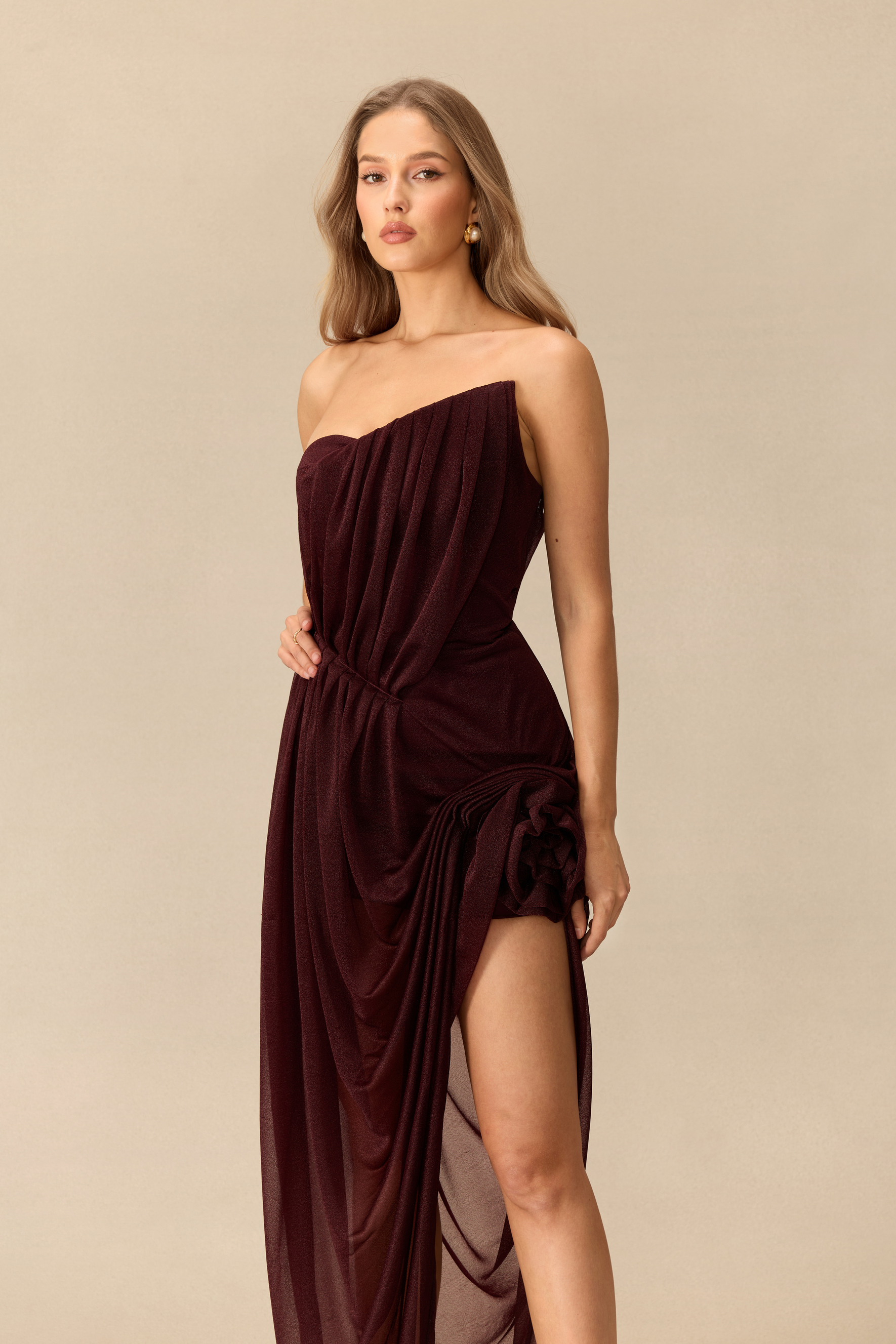 Come Closer Asymmetrical Floral Applique High Slit Maxi Dress