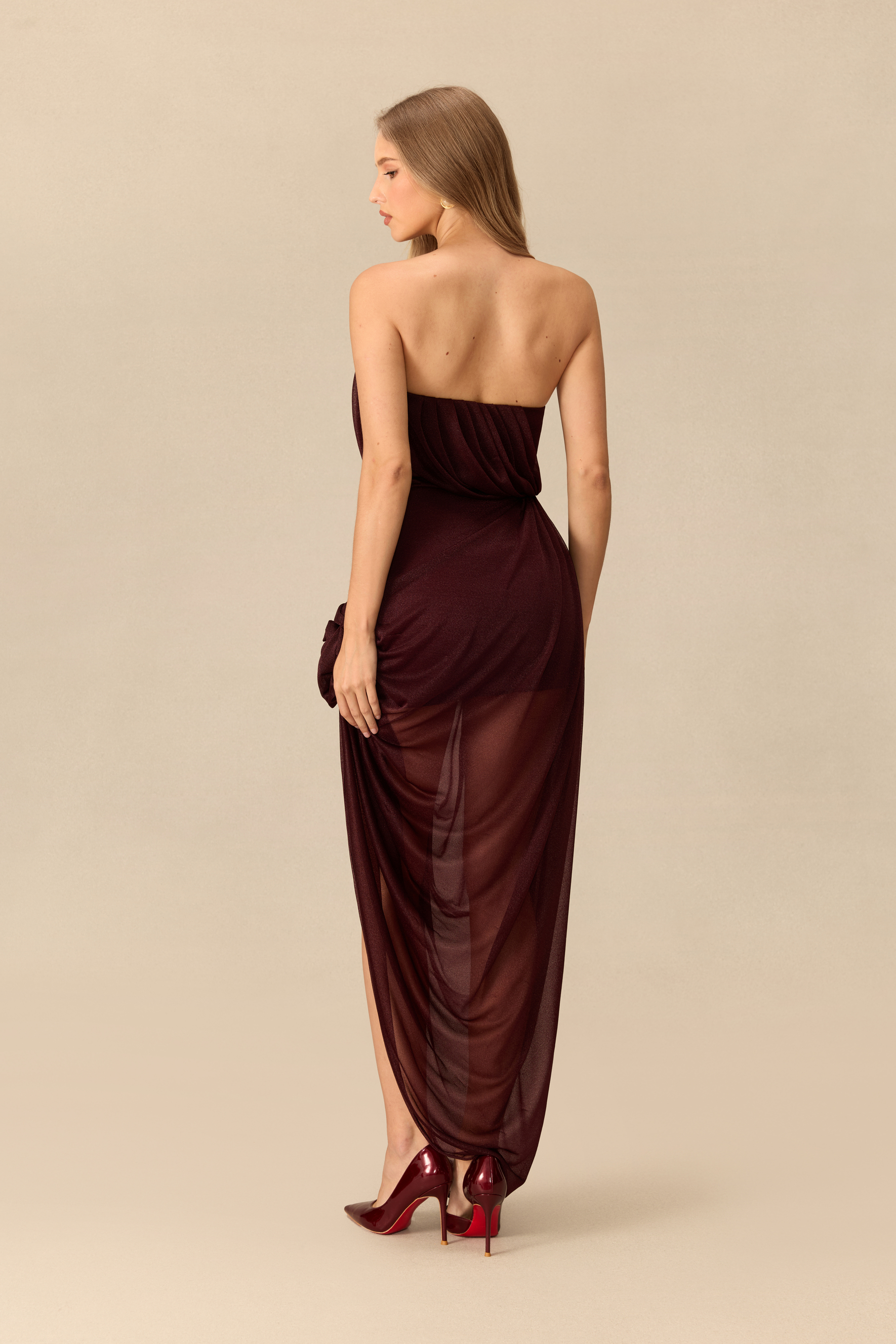 Come Closer Asymmetrical Floral Applique High Slit Maxi Dress