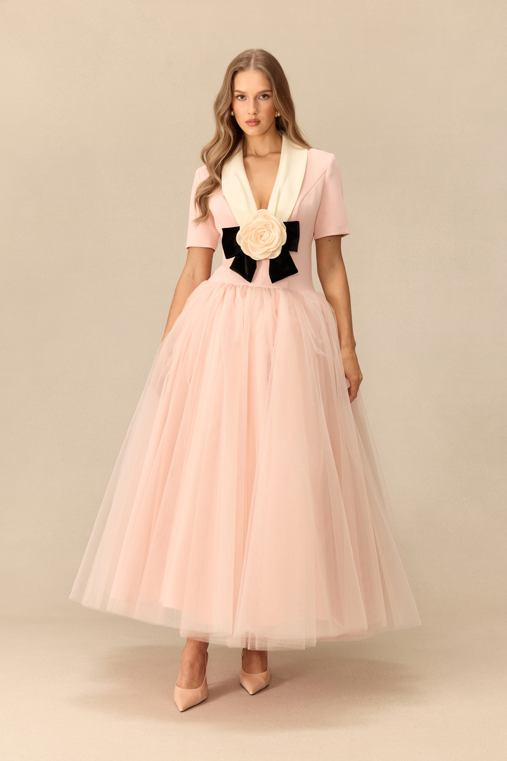 Lovely Little Thing Floral Applique Lapel Collar Tulle Maxi Dress
