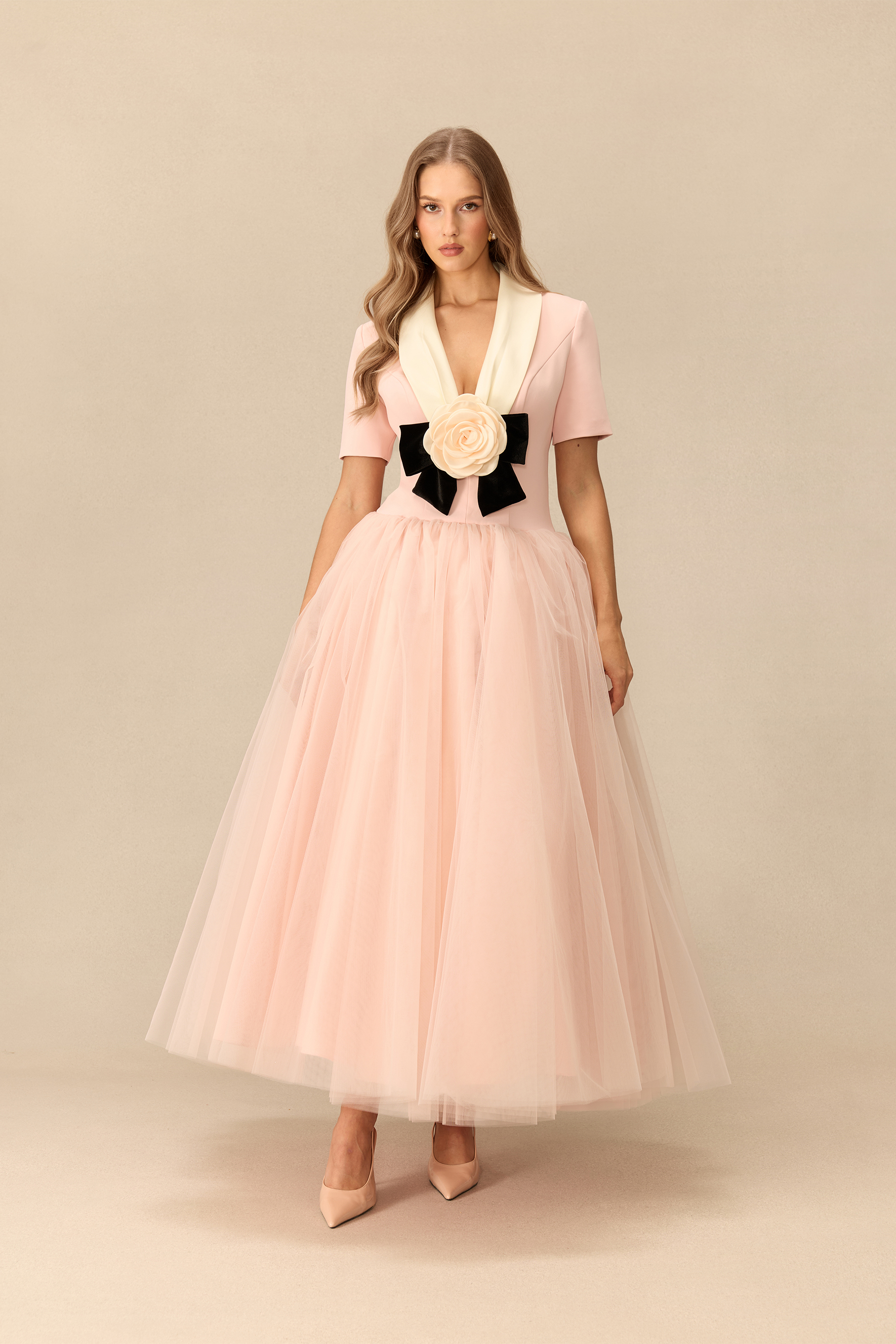 Lovely Little Thing Floral Applique Lapel Collar Tulle Maxi Dress