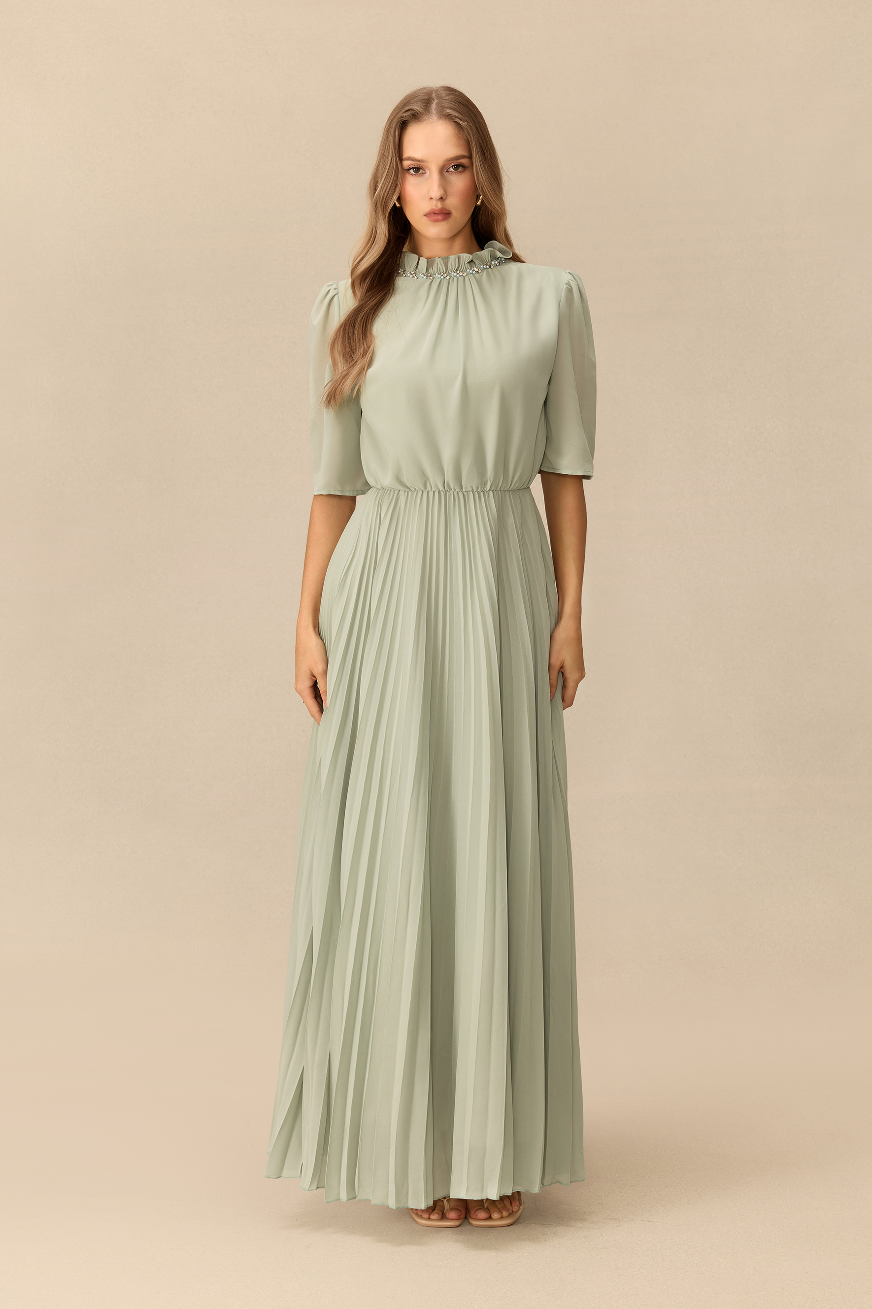 Once Upon Tonight Embellished Jacket & Ruffle Neck Pleated Dress Set