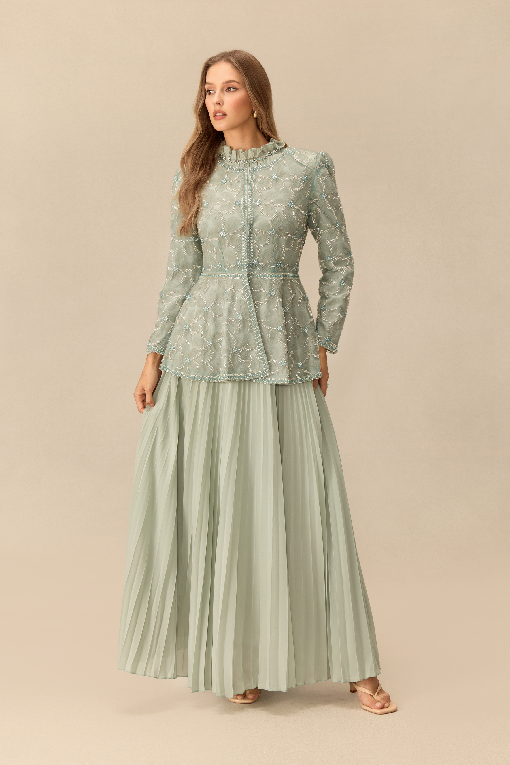 Dreamy Encounter Rhinestone Embellished Peplum Top & Pleated Skirt Set