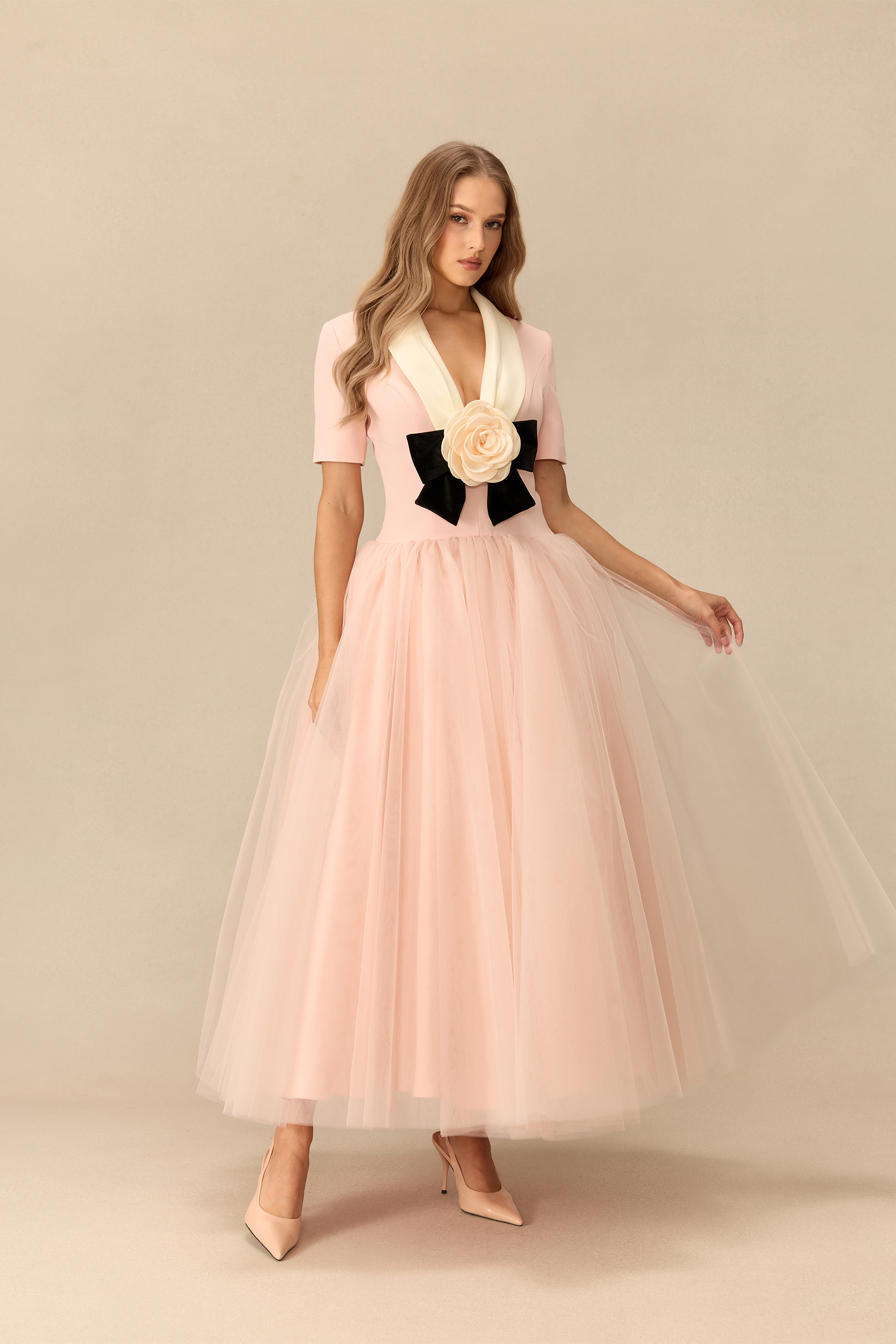Lovely Little Thing Floral Applique Lapel Collar Tulle Maxi Dress