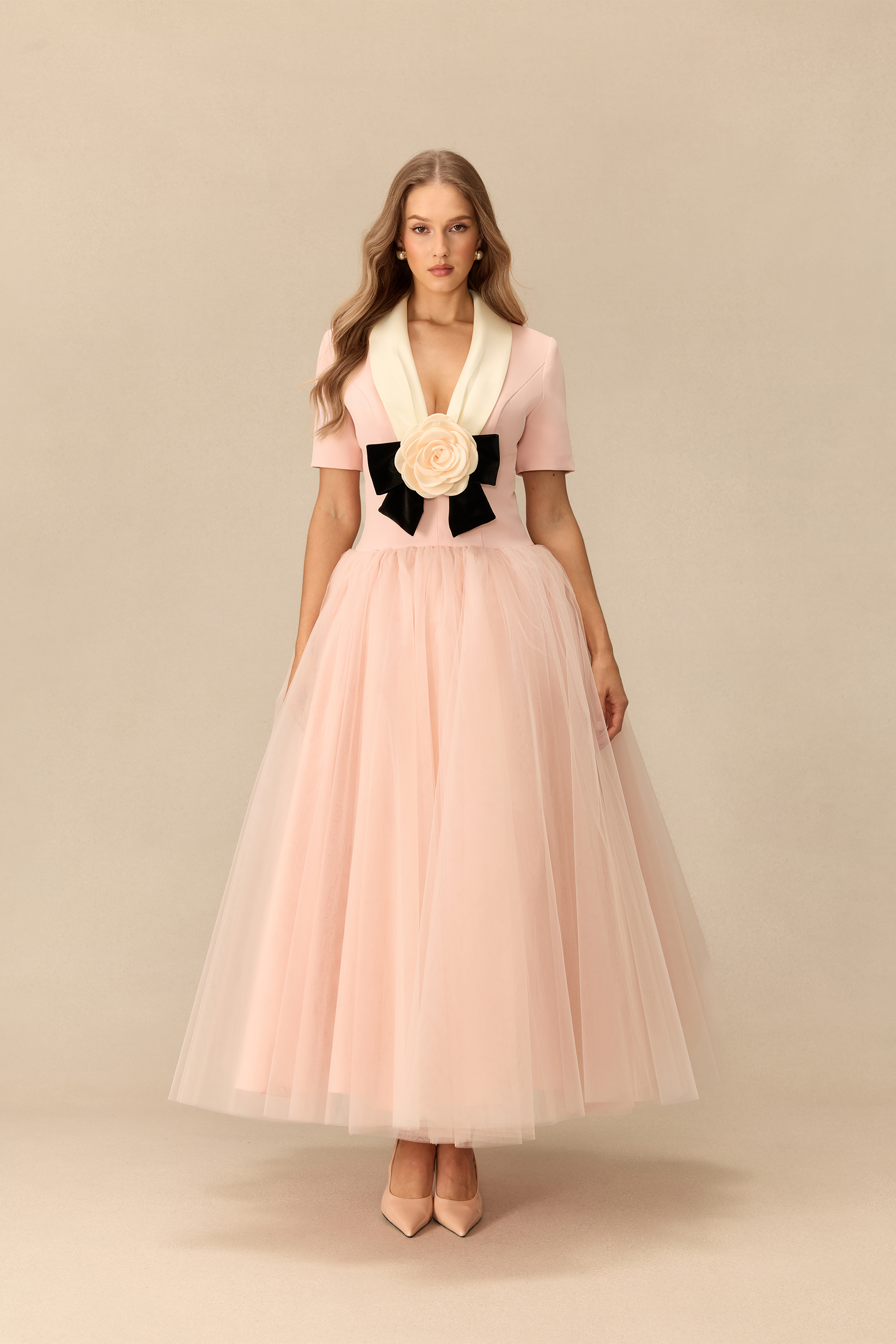 Lovely Little Thing Floral Applique Lapel Collar Tulle Maxi Dress