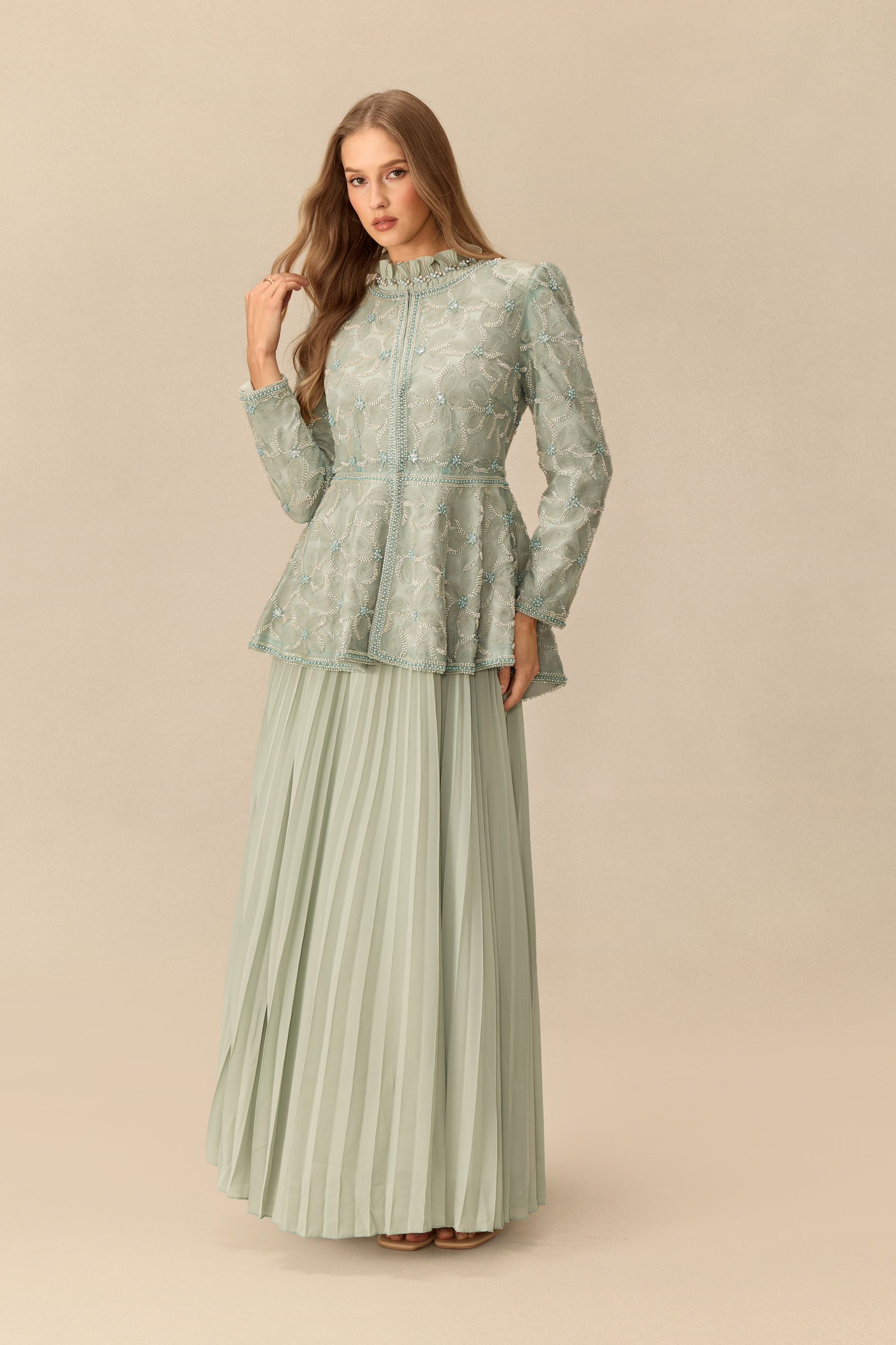 Dreamy Encounter Rhinestone Embellished Peplum Top & Pleated Skirt Set