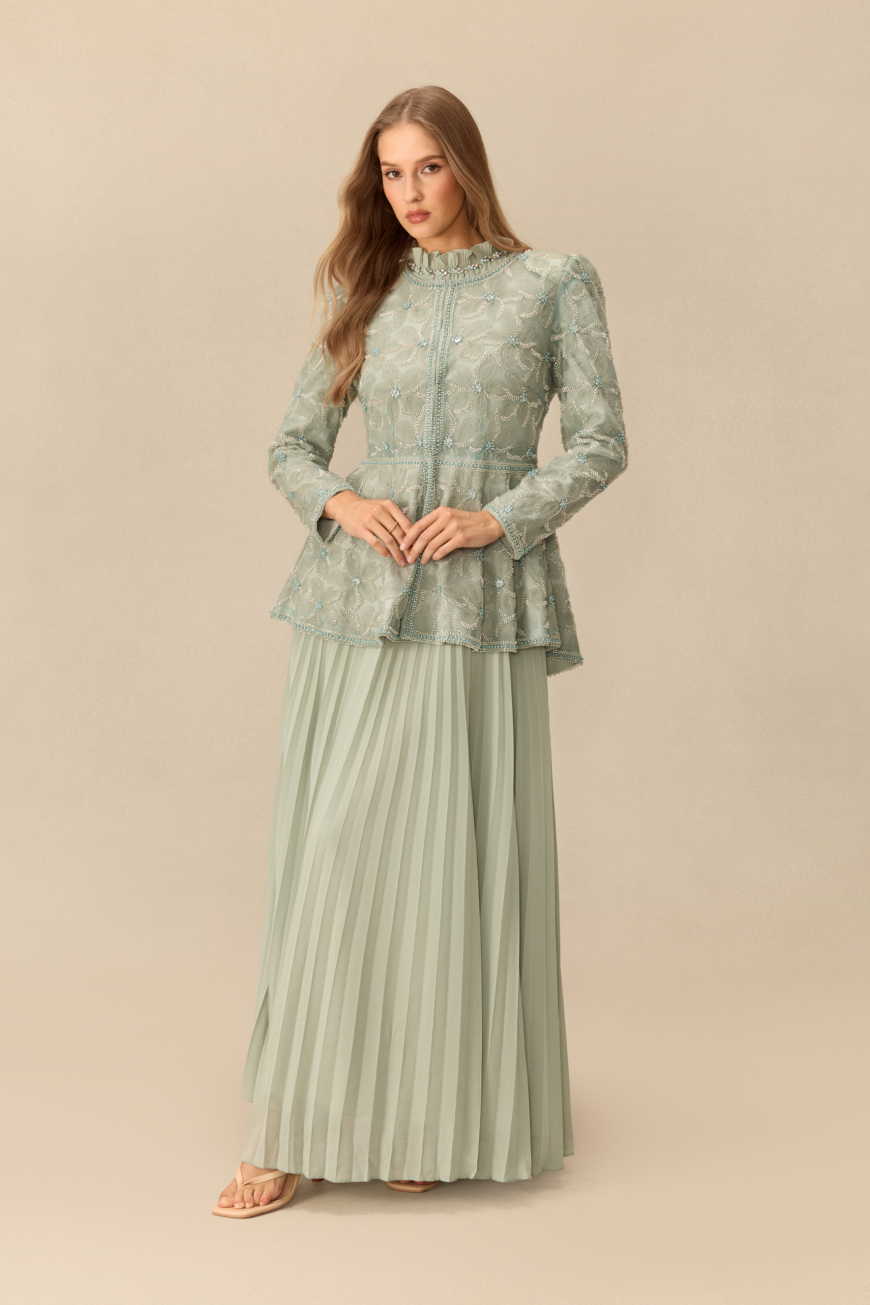 Dreamy Encounter Rhinestone Embellished Peplum Top & Pleated Skirt Set