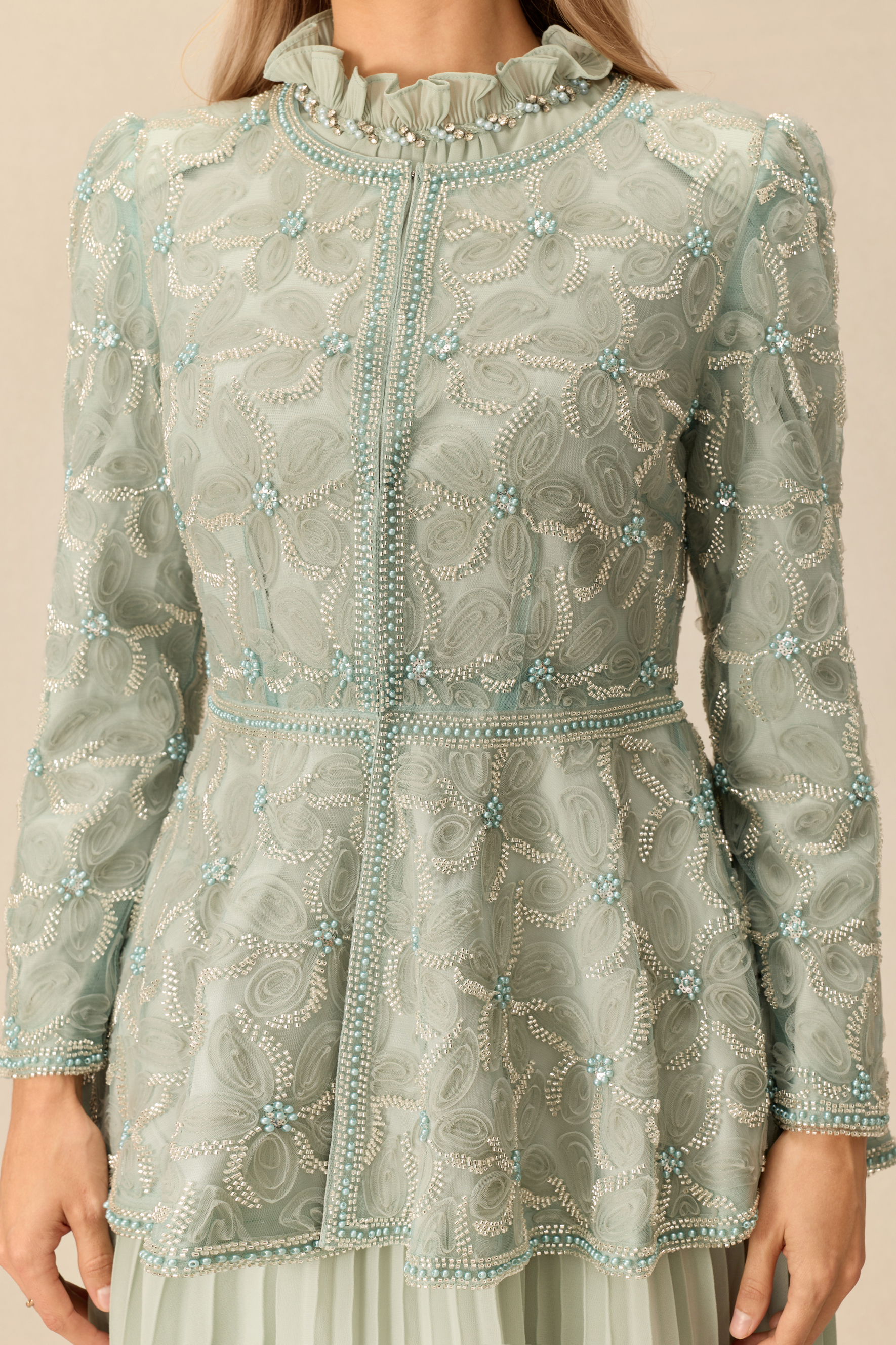 Dreamy Encounter Rhinestone Embellished Peplum Top & Pleated Skirt Set