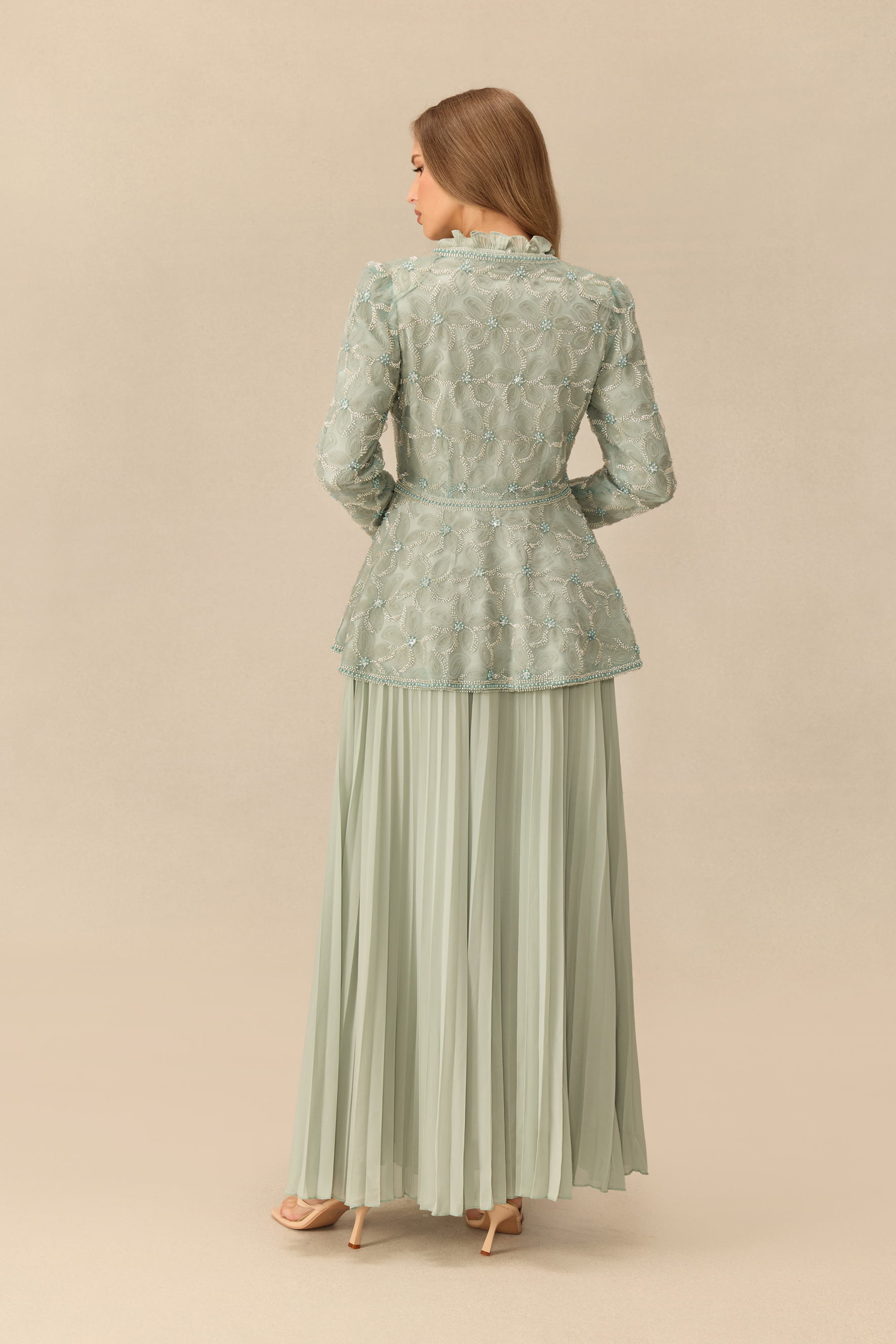 Dreamy Encounter Rhinestone Embellished Peplum Top & Pleated Skirt Set