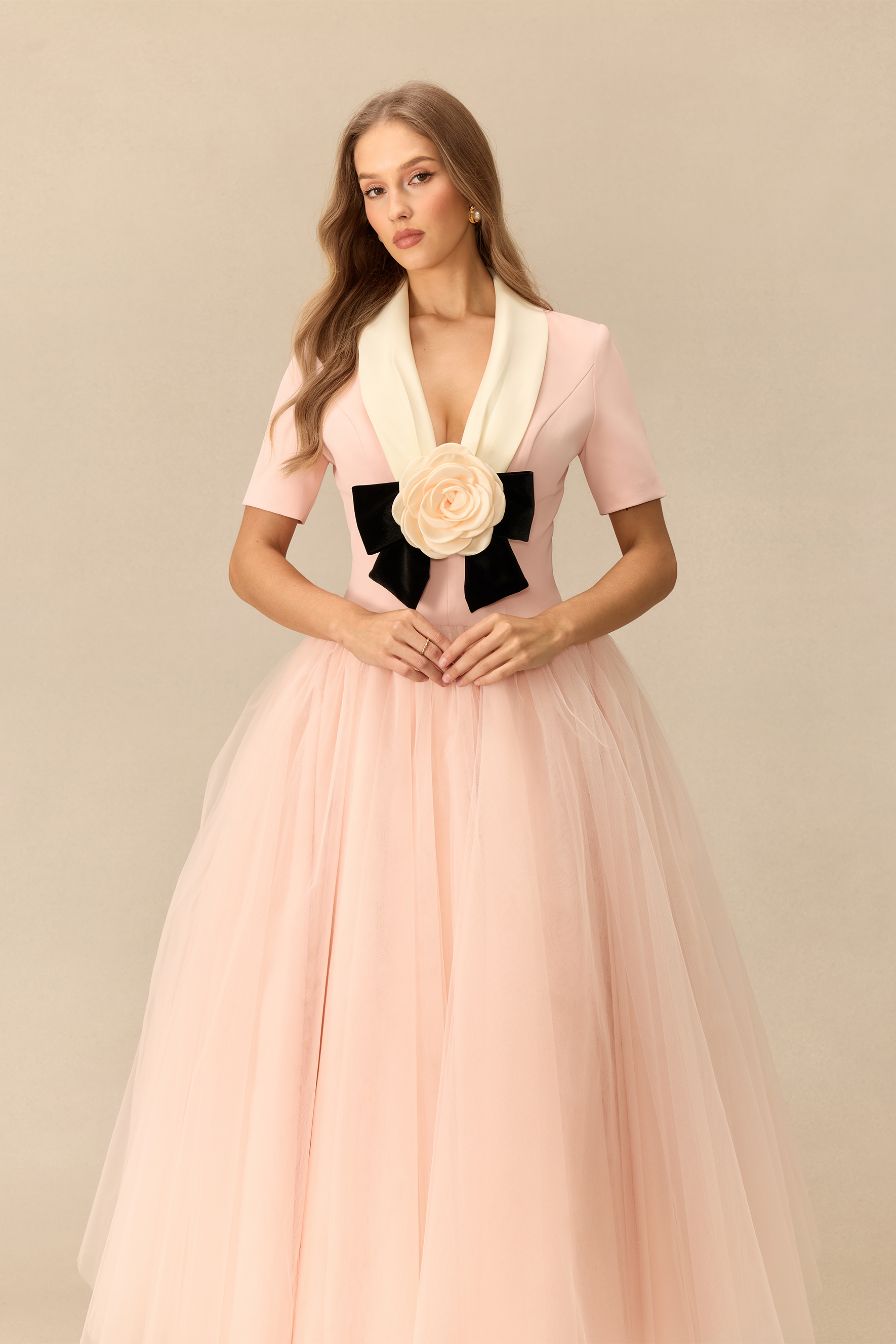 Lovely Little Thing Floral Applique Lapel Collar Tulle Maxi Dress