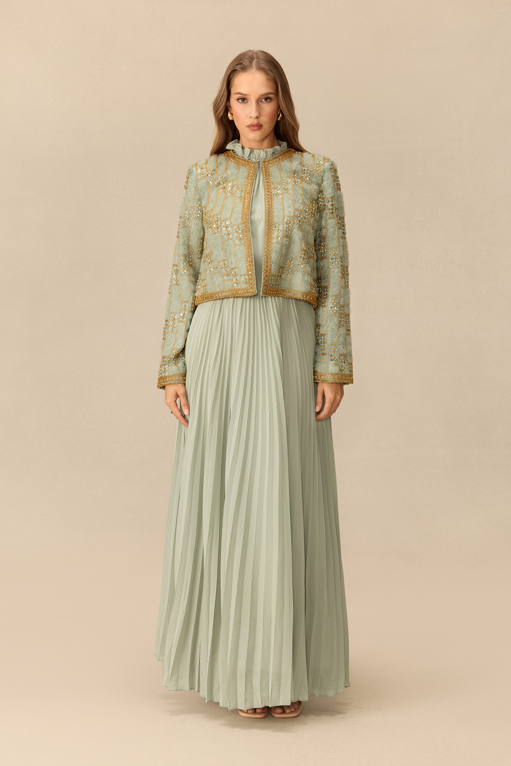 Once Upon Tonight Embellished Jacket & Ruffle Neck Pleated Dress Set