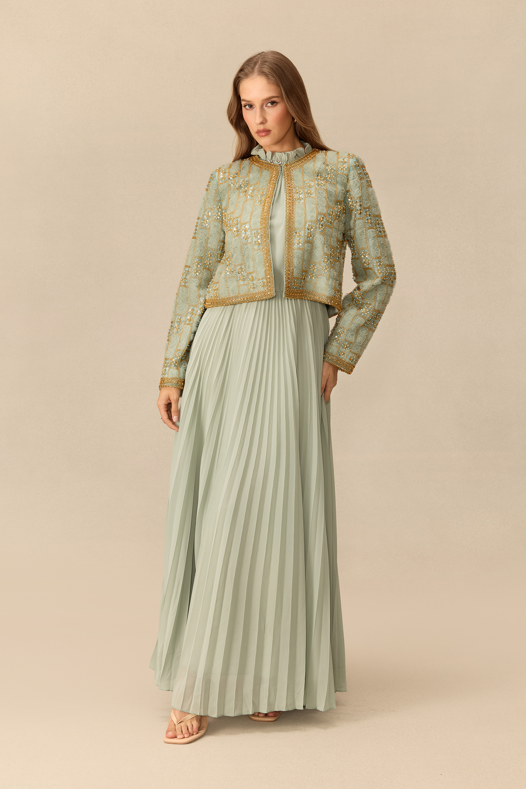 Once Upon Tonight Embellished Jacket & Ruffle Neck Pleated Dress Set