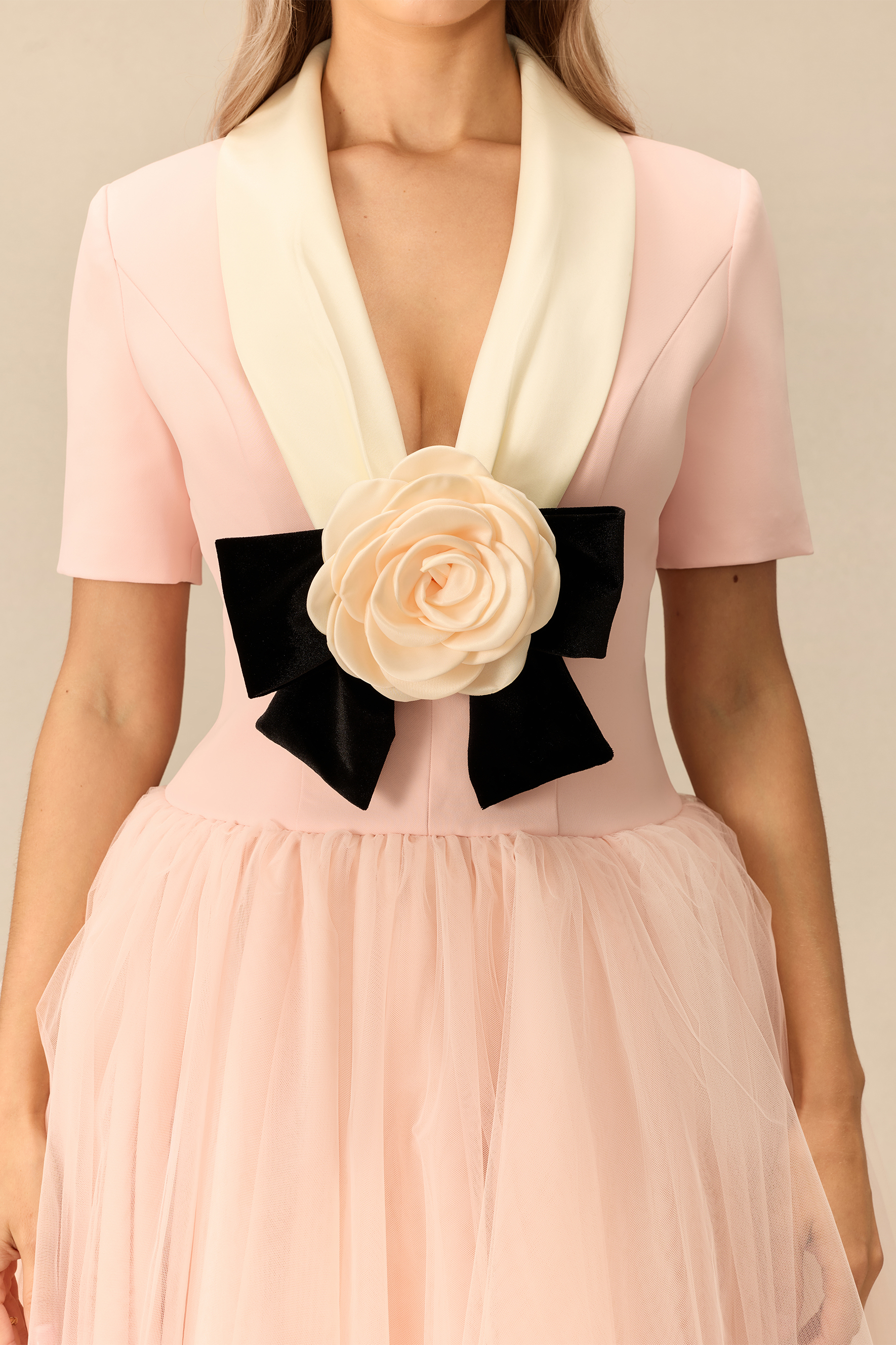 Lovely Little Thing Floral Applique Lapel Collar Tulle Maxi Dress