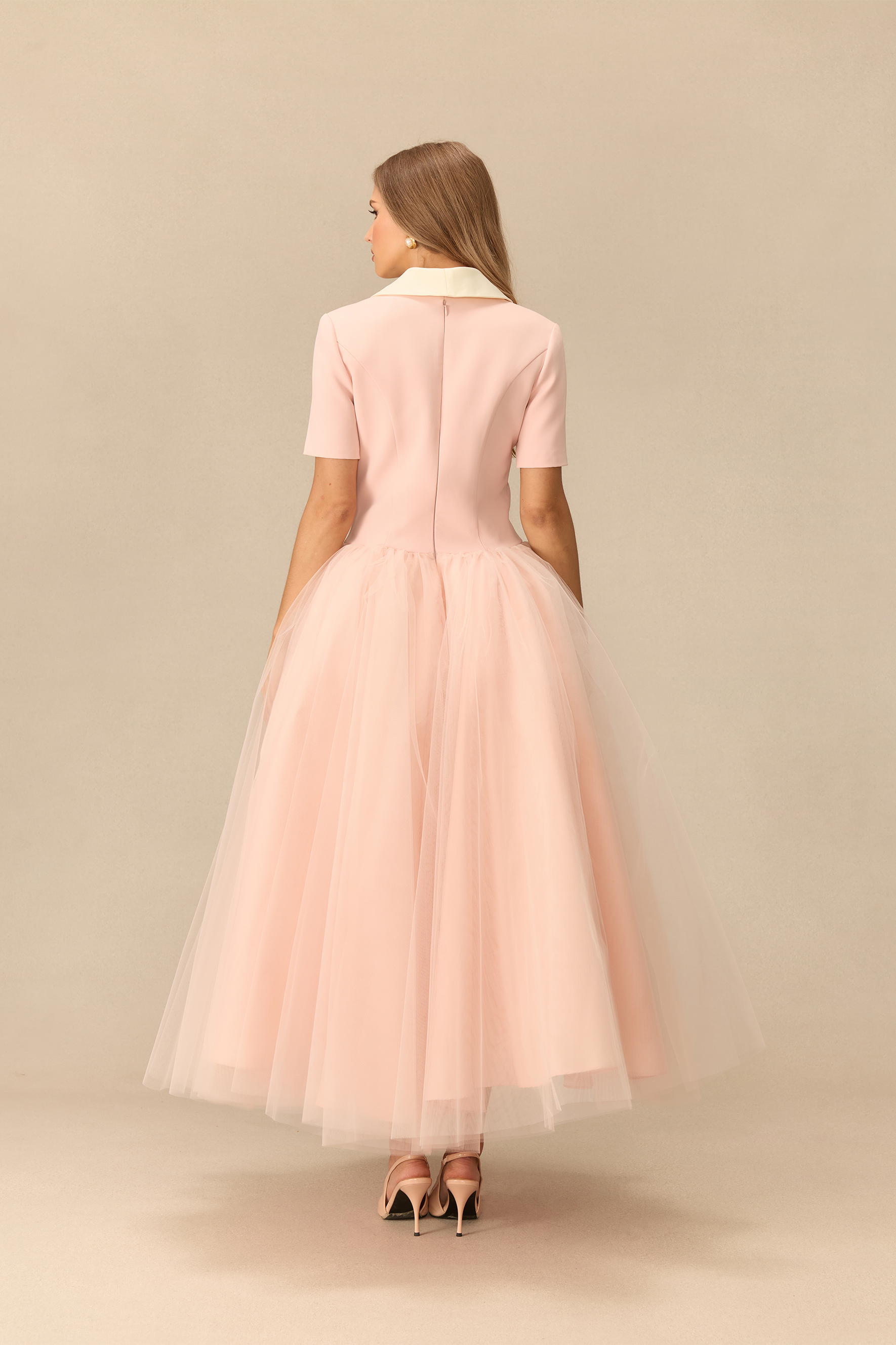 Lovely Little Thing Floral Applique Lapel Collar Tulle Maxi Dress