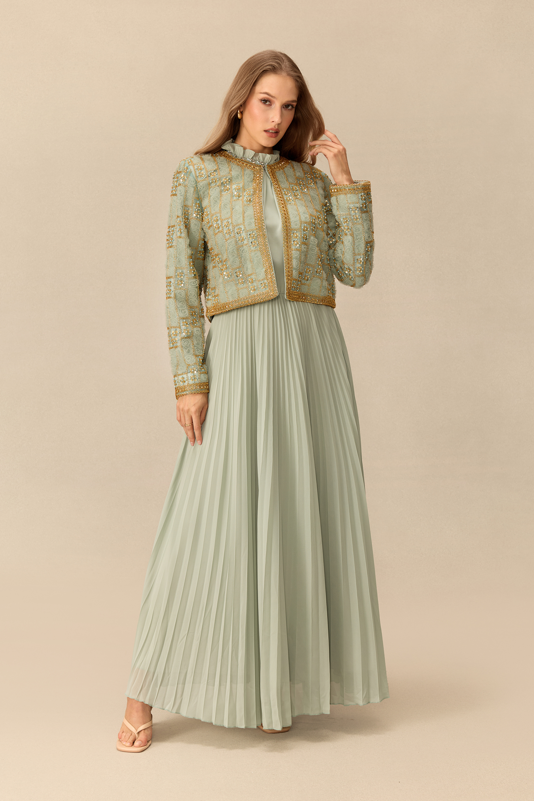 Once Upon Tonight Embellished Jacket & Ruffle Neck Pleated Dress Set