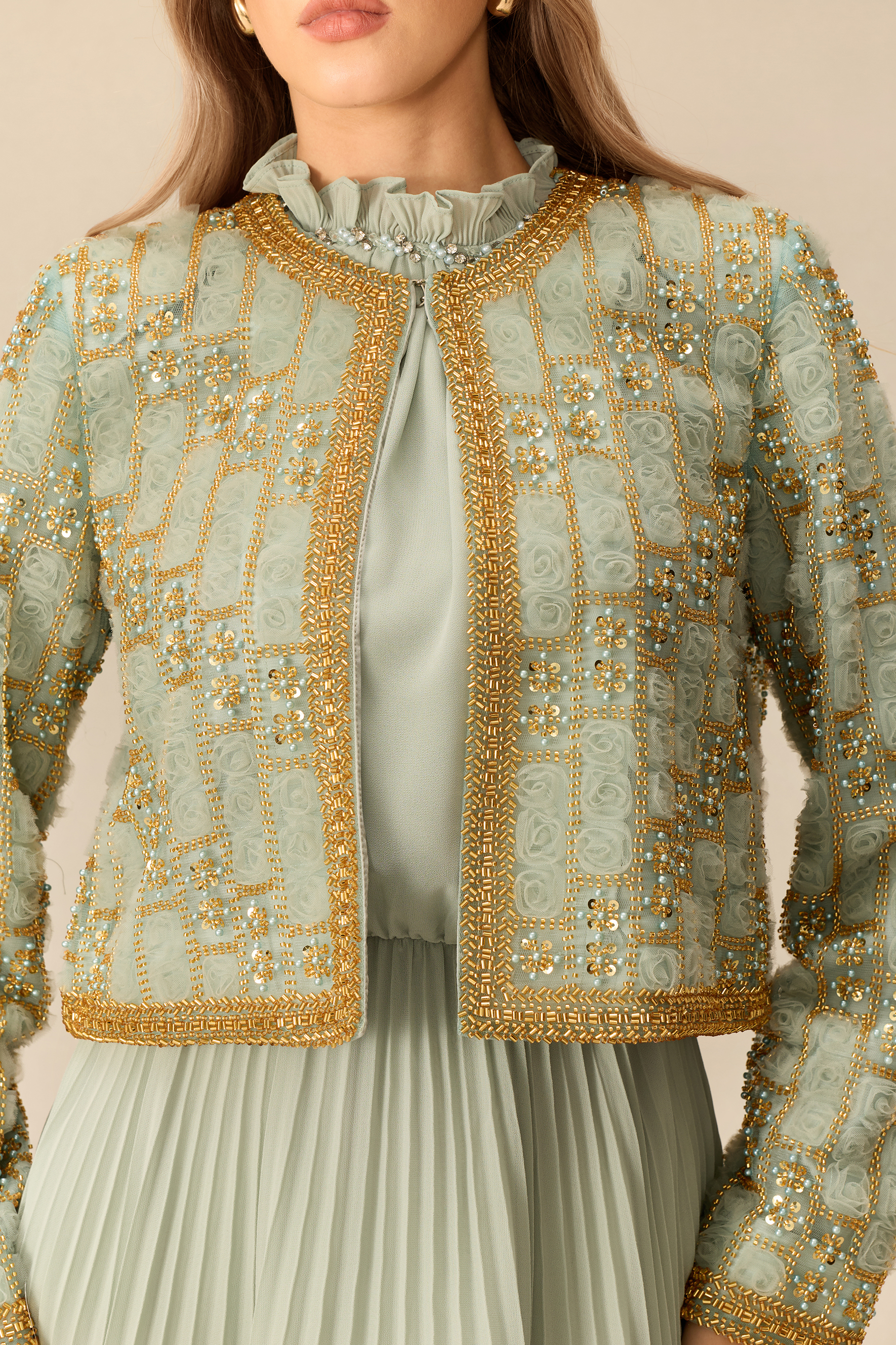 Once Upon Tonight Embellished Jacket & Ruffle Neck Pleated Dress Set