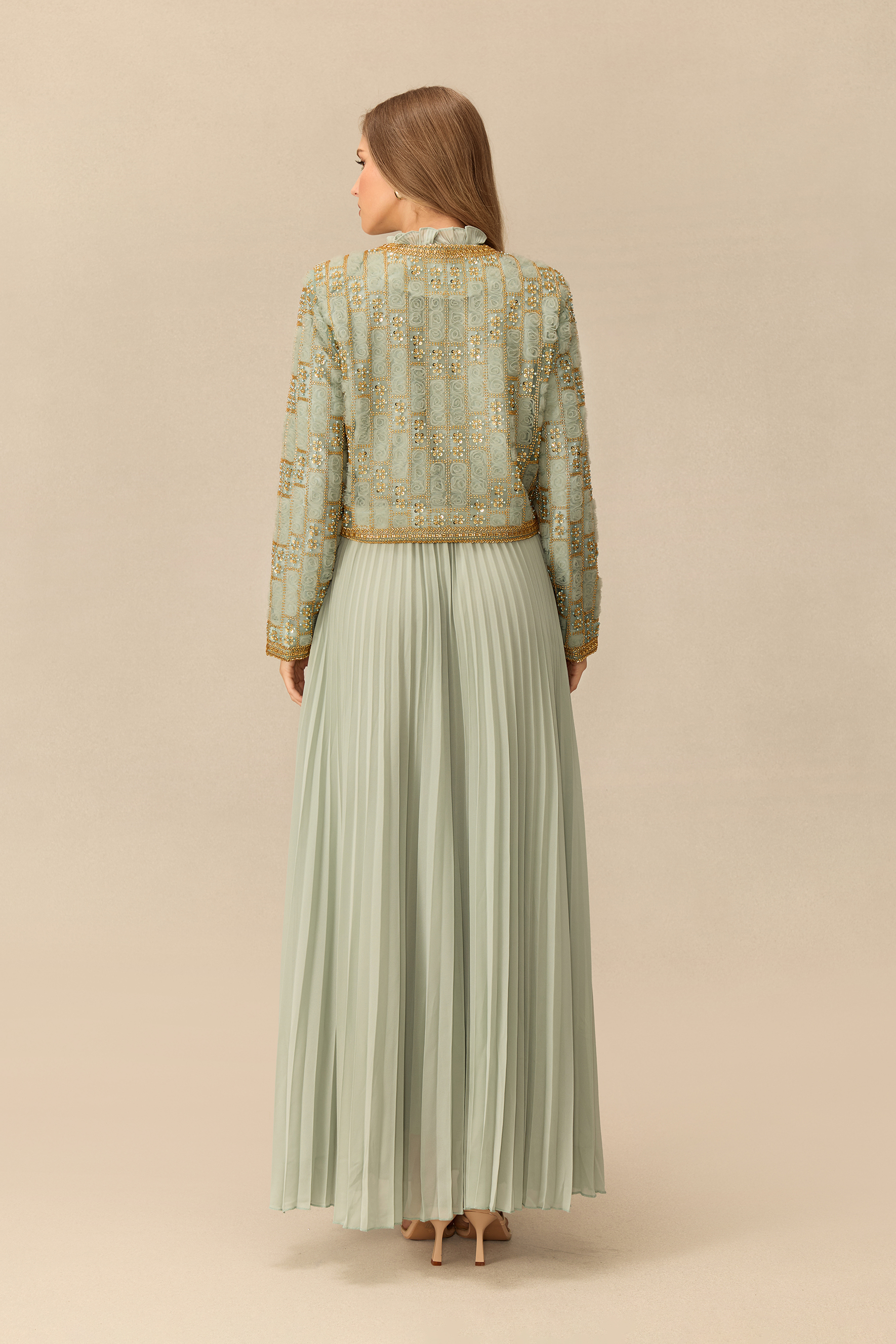 Once Upon Tonight Embellished Jacket & Ruffle Neck Pleated Dress Set