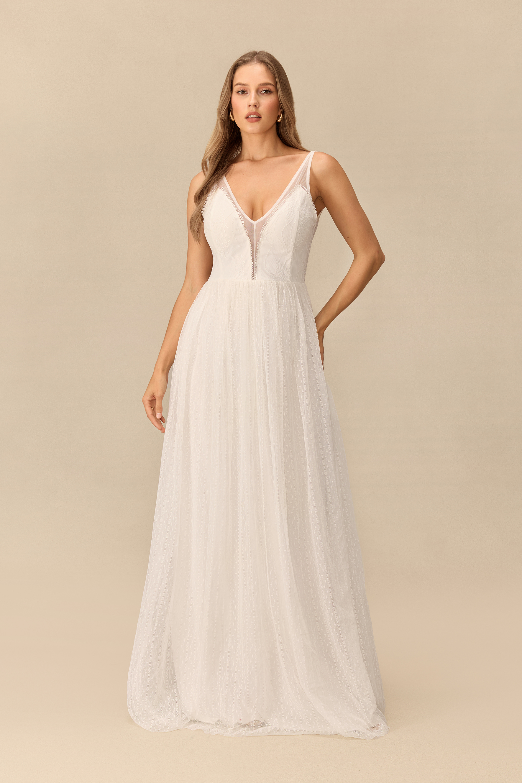 Poetic Poise V Neck Dotted Tulle Maxi Dress
