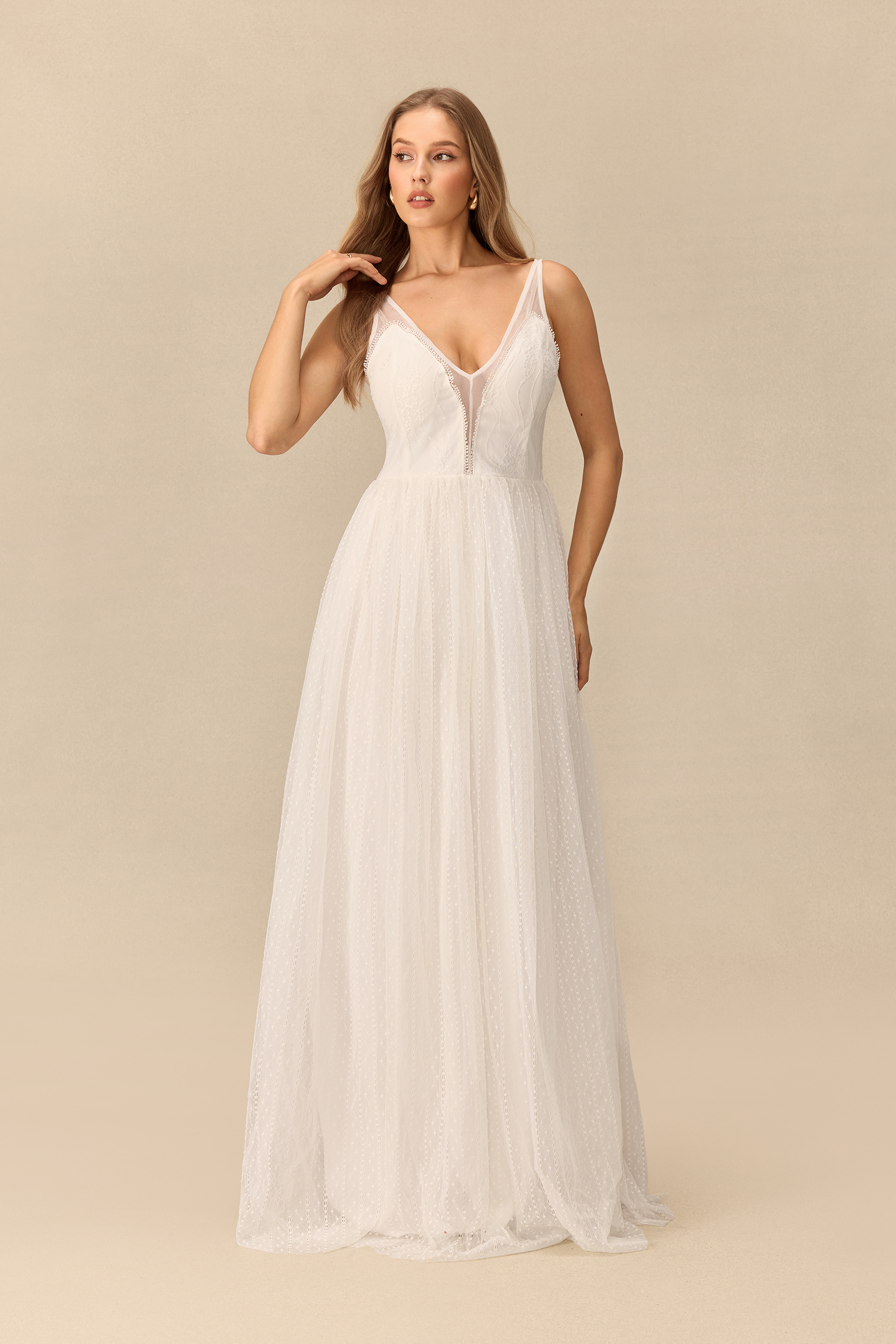Poetic Poise V Neck Dotted Tulle Maxi Dress