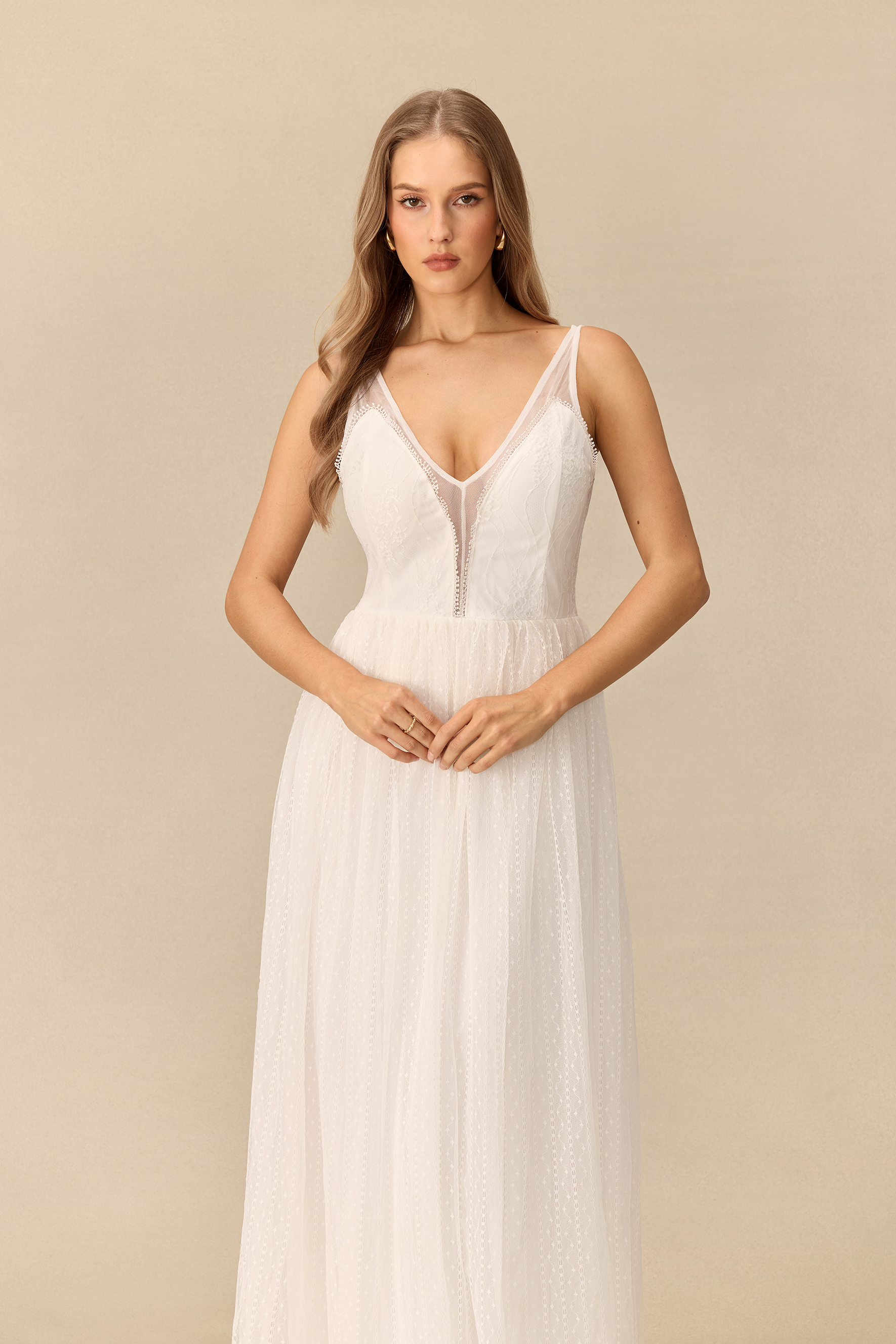 Poetic Poise V Neck Dotted Tulle Maxi Dress