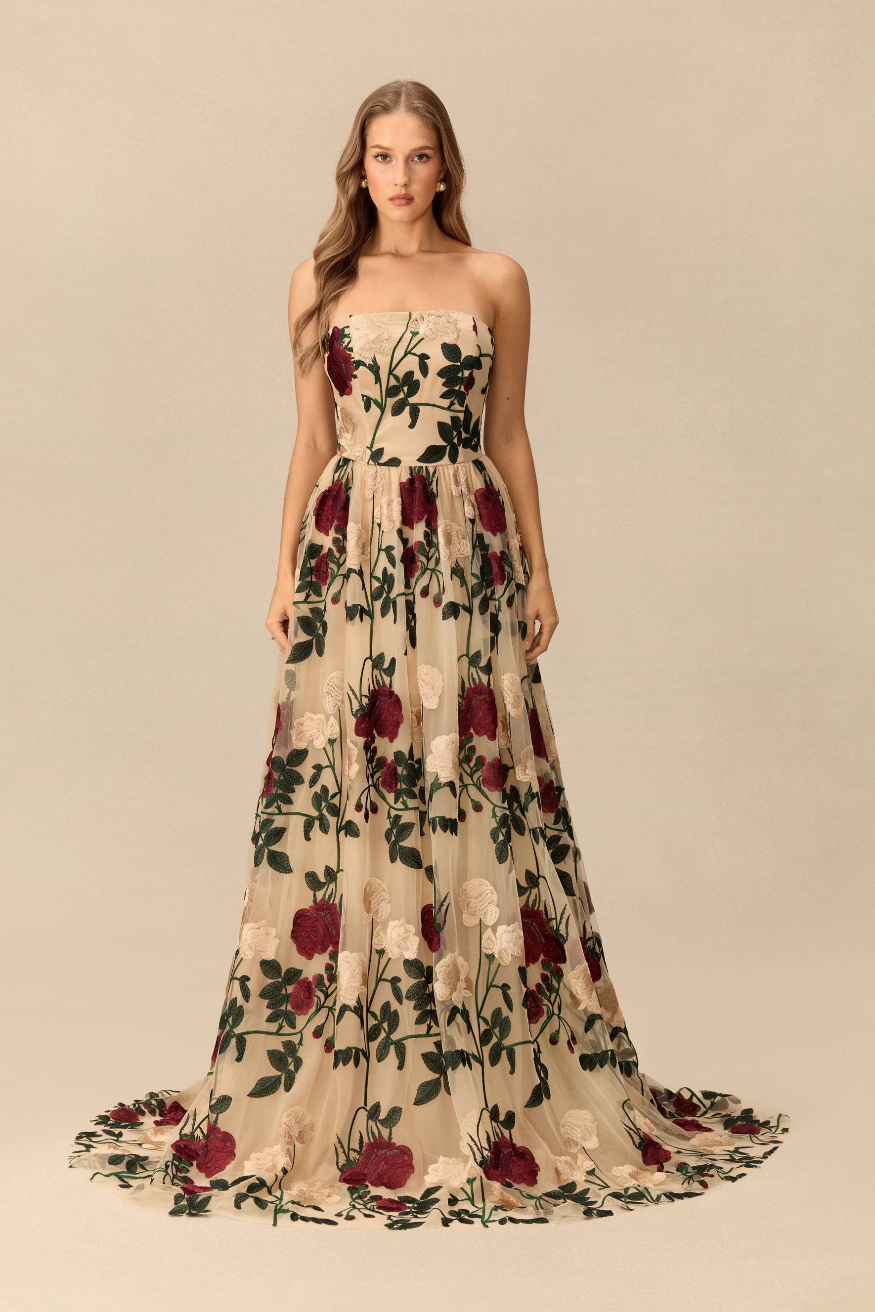 Rose Affair Floral Embroidery Strapless Maxi Dress
