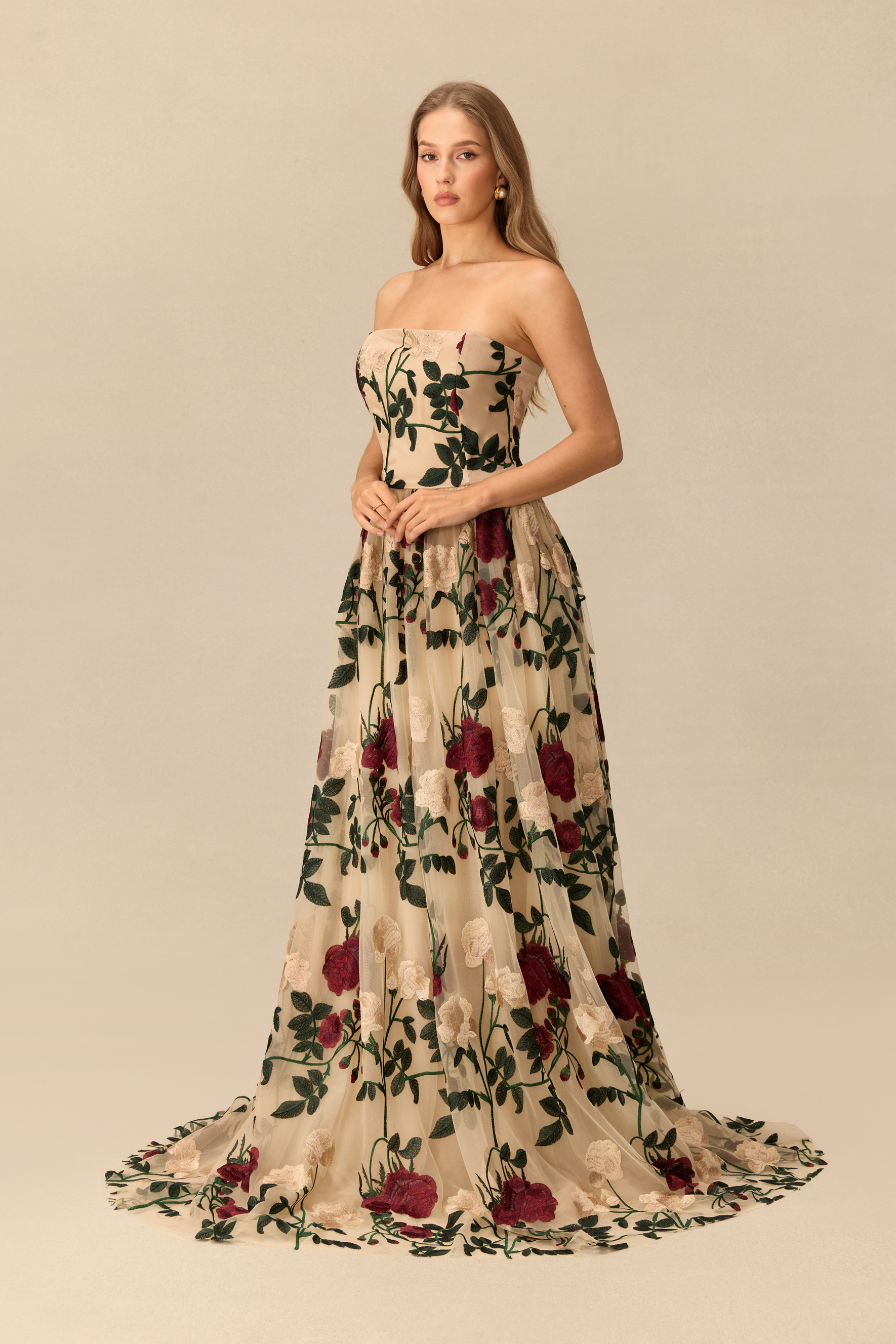 Rose Affair Floral Embroidery Strapless Maxi Dress