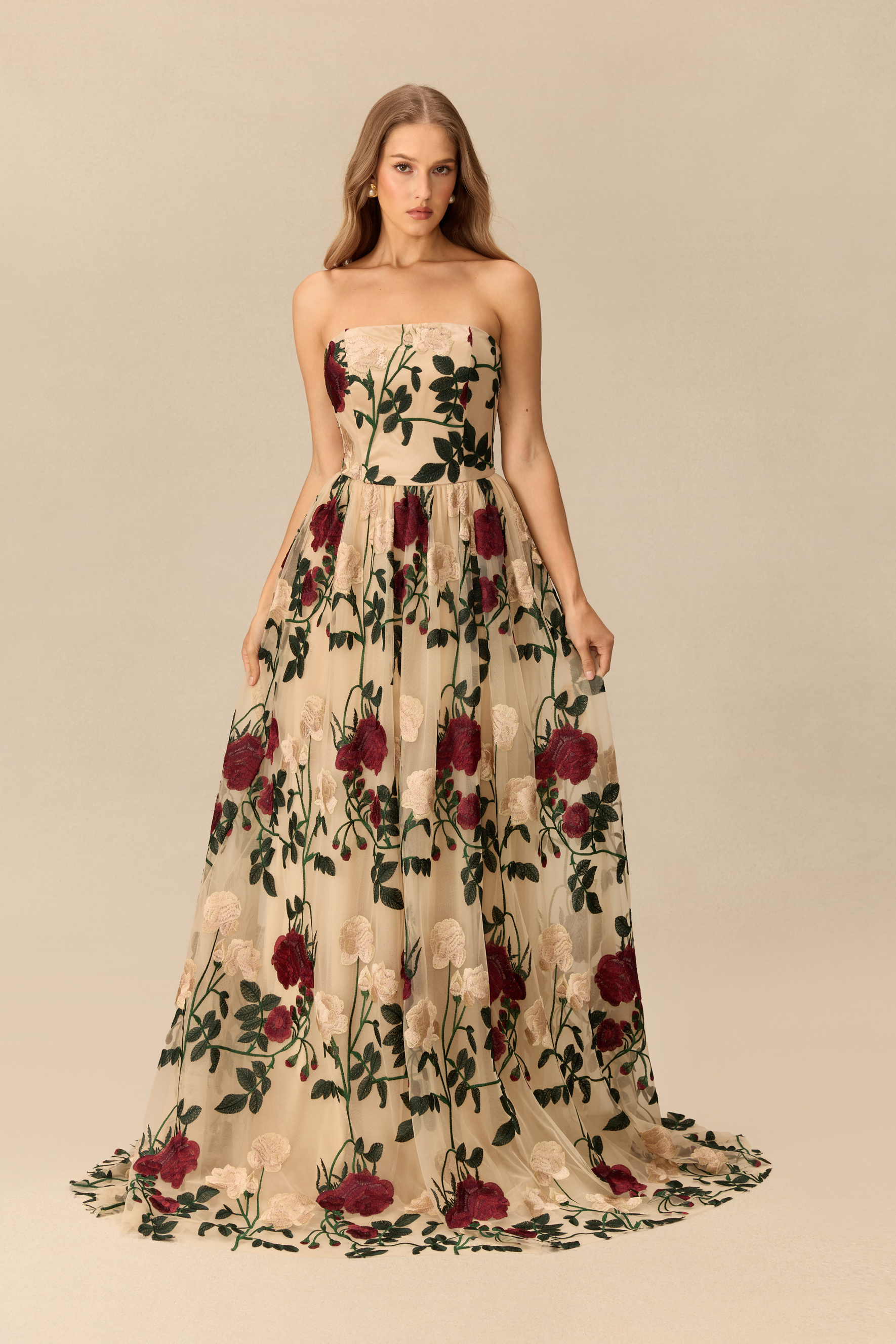 Rose Affair Floral Embroidery Strapless Maxi Dress