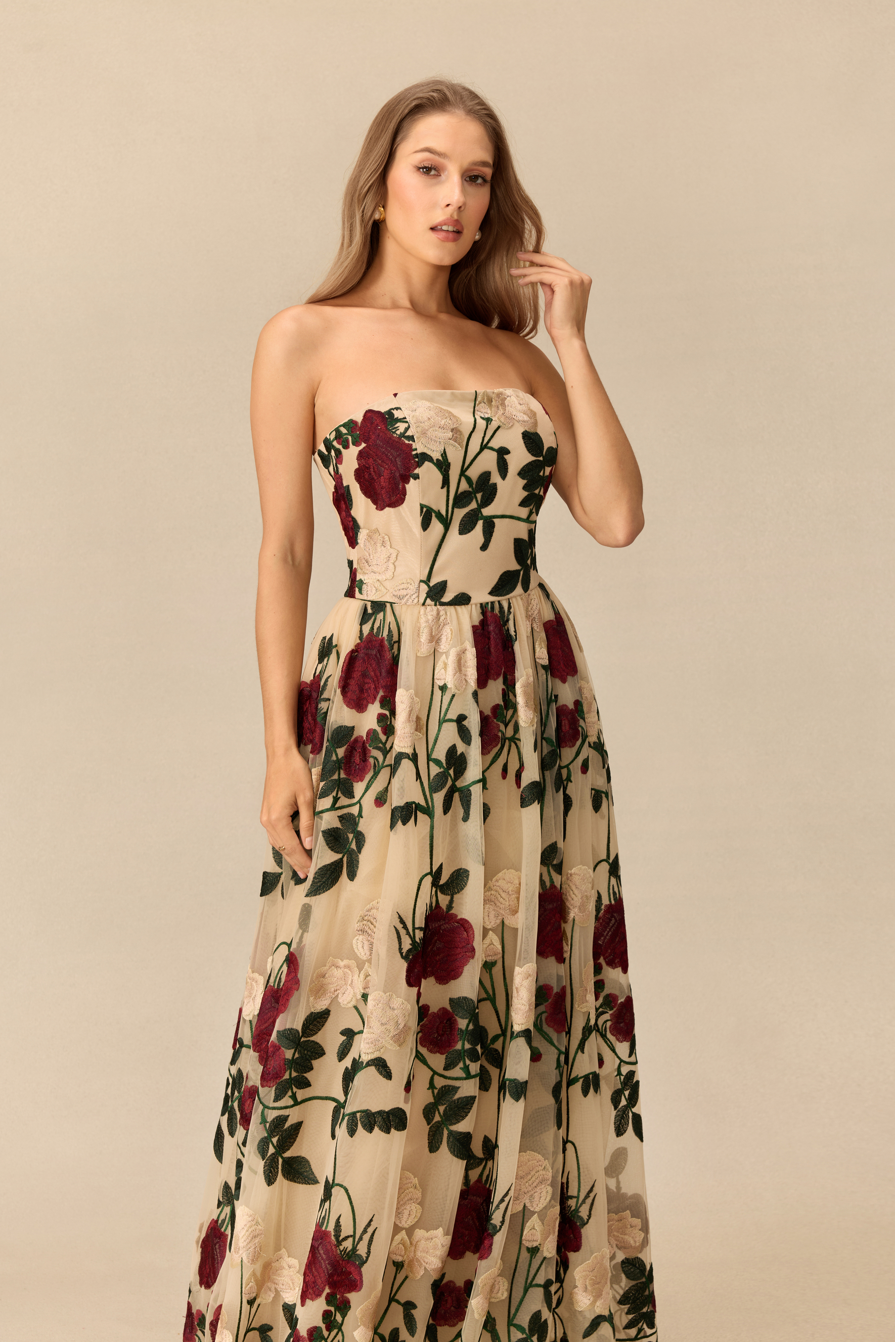 Rose Affair Floral Embroidery Strapless Maxi Dress