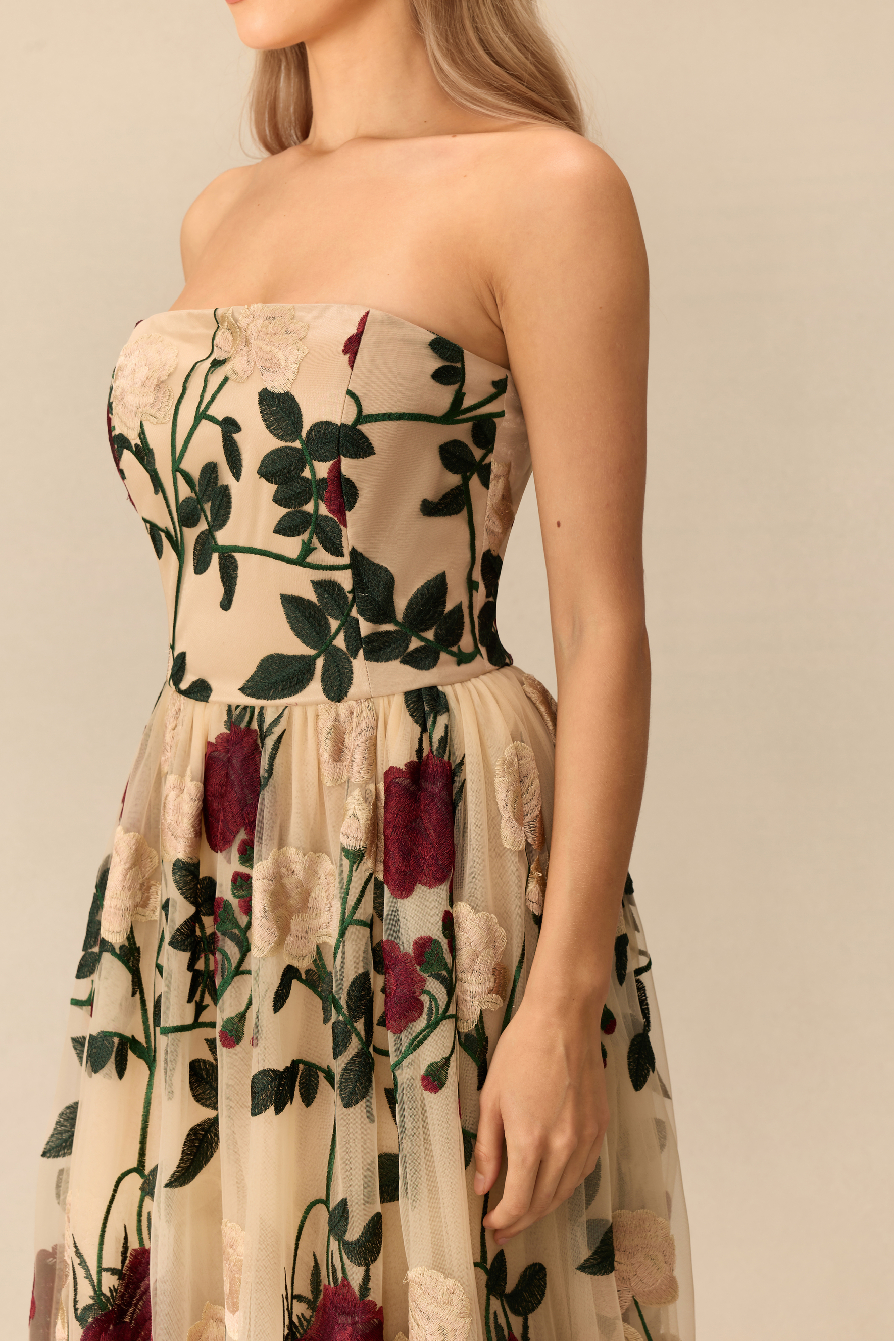 Rose Affair Floral Embroidery Strapless Maxi Dress