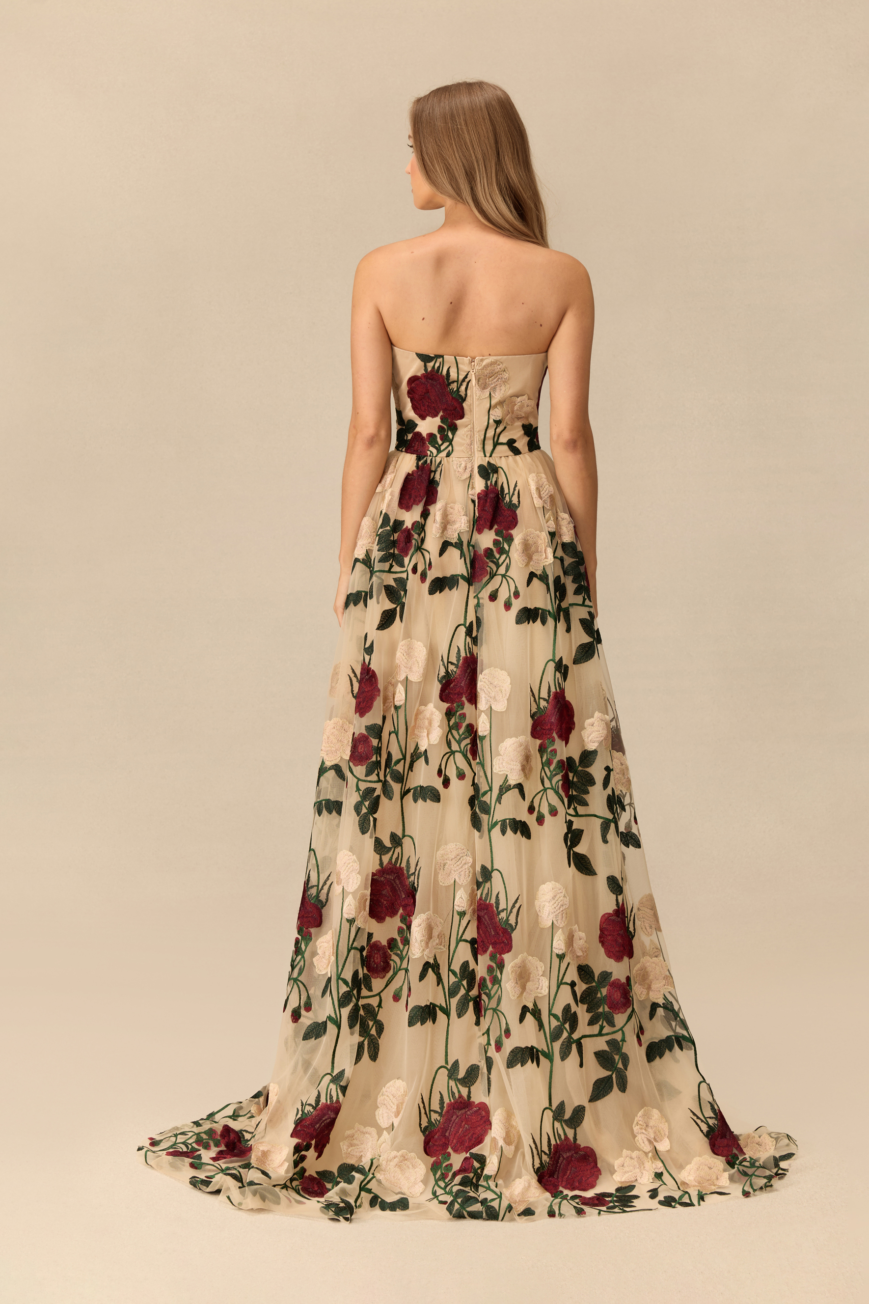 Rose Affair Floral Embroidery Strapless Maxi Dress