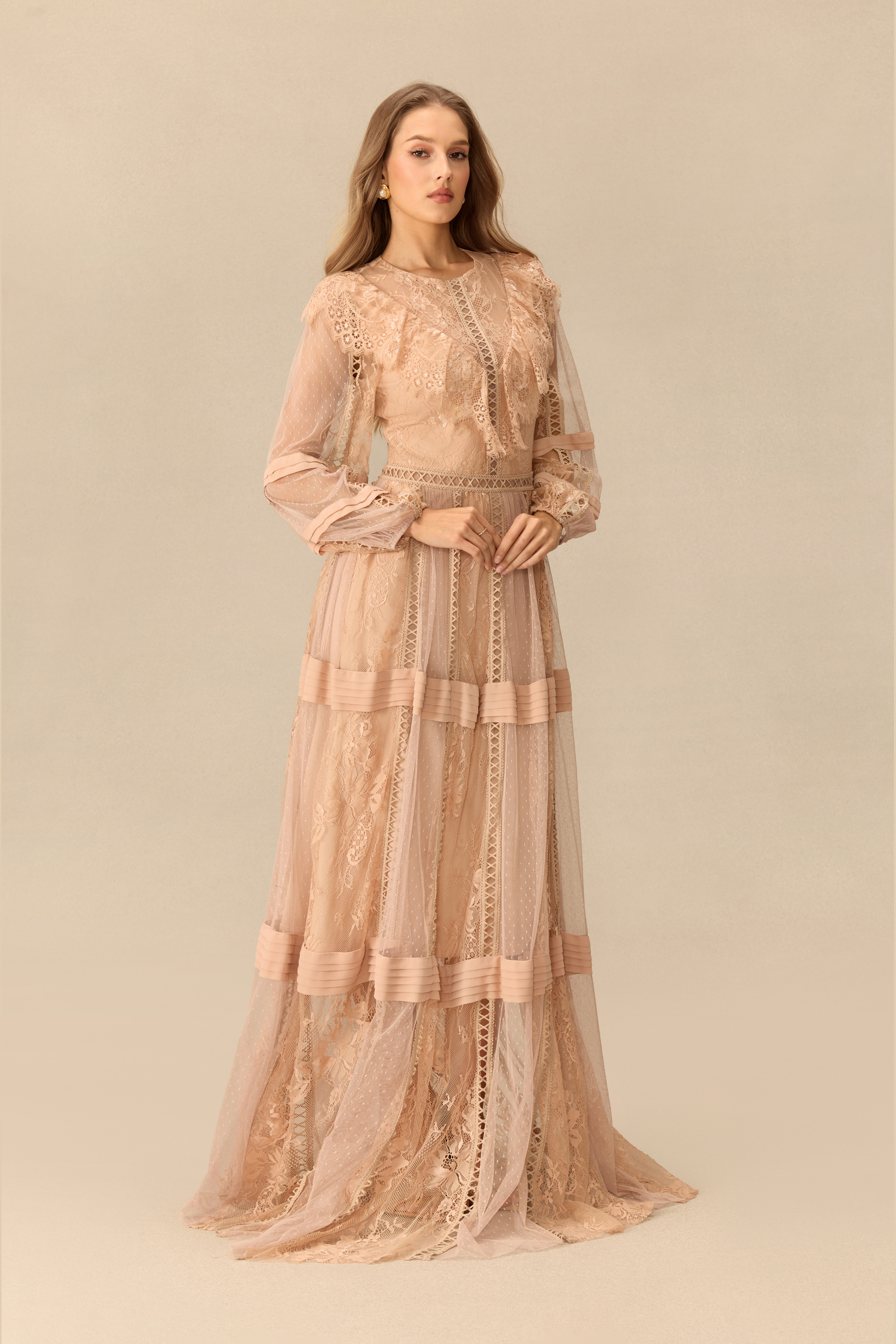 Vintage Reverie Lace Panel Polka Dot Tulle Maxi Dress