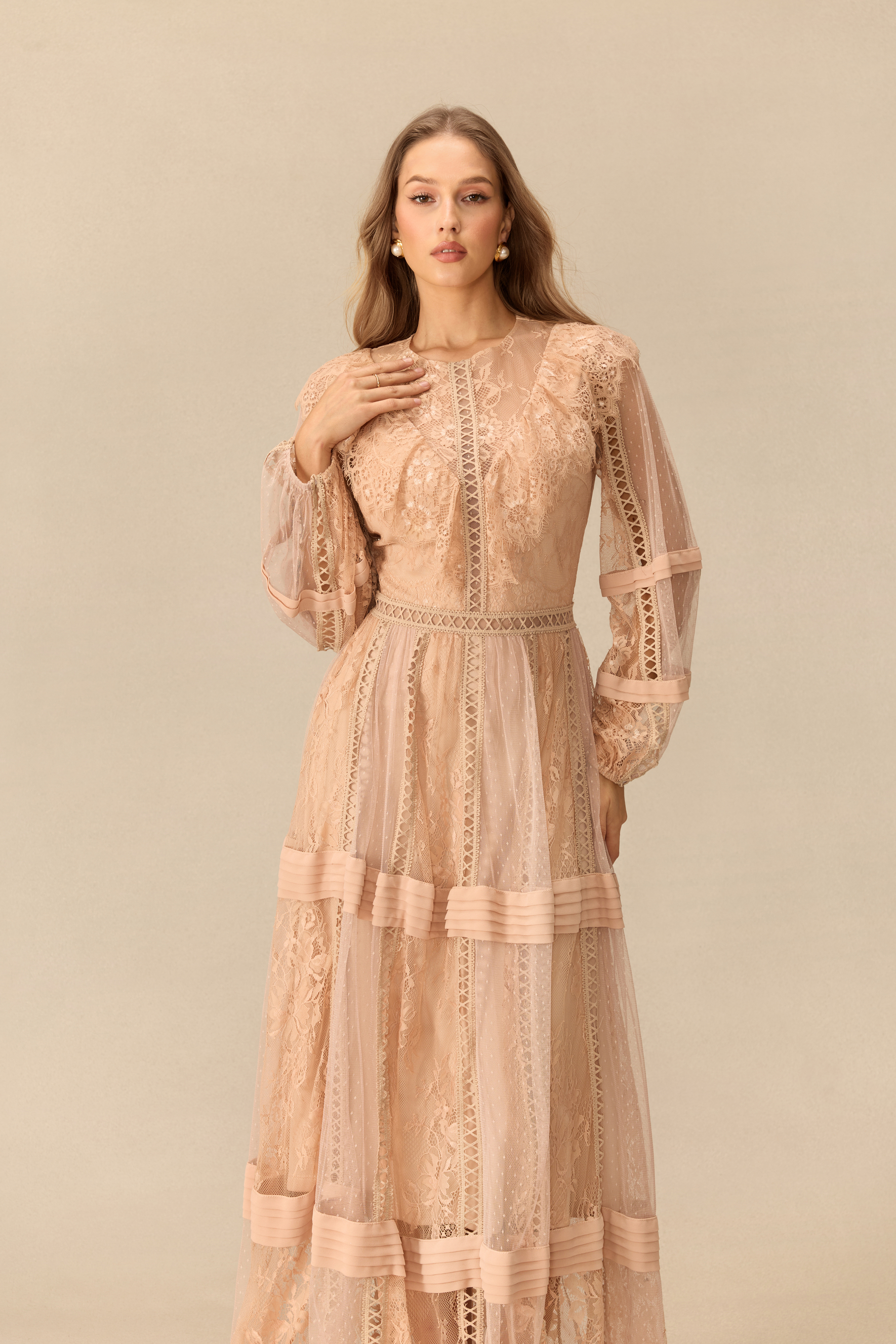 Vintage Reverie Lace Panel Polka Dot Tulle Maxi Dress