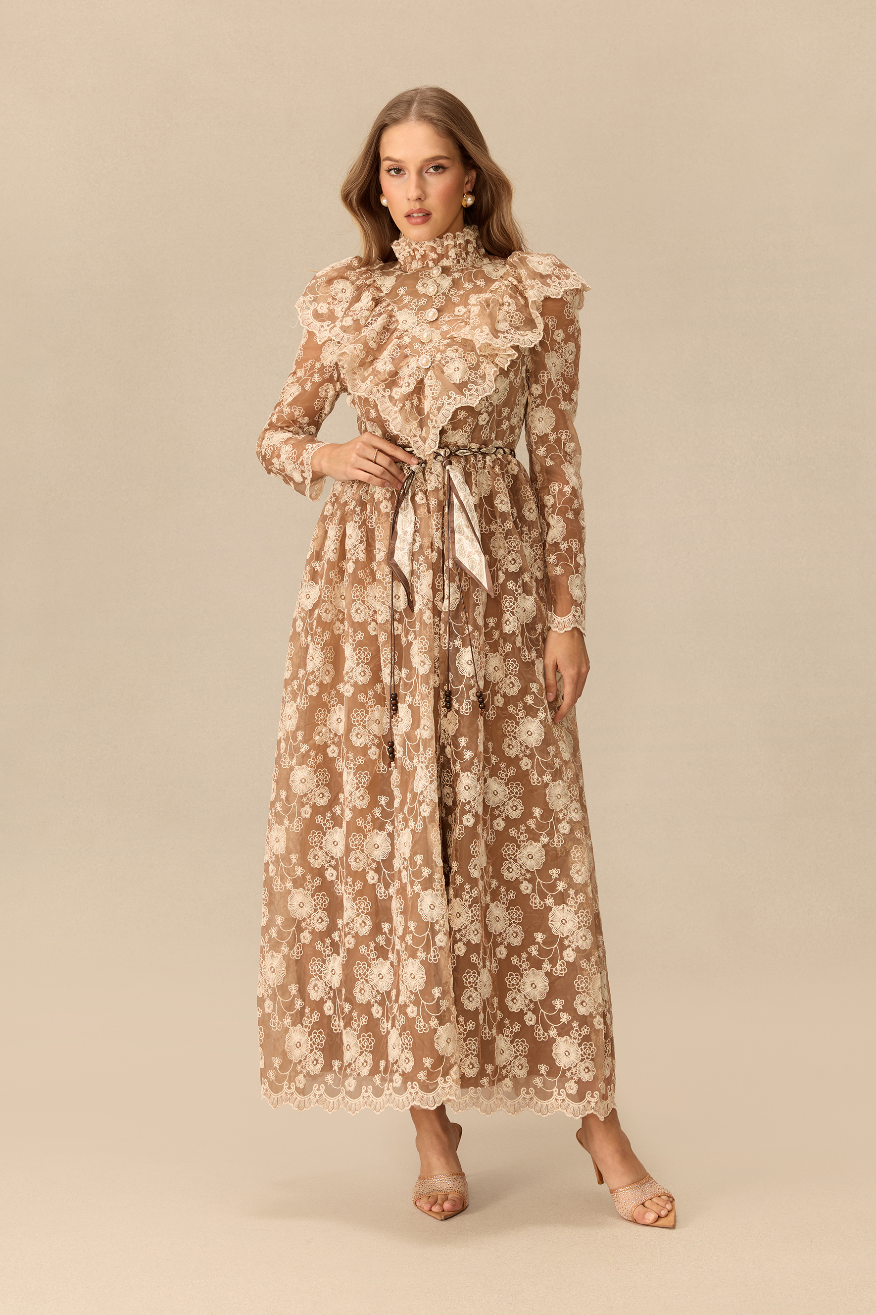 Graceful Bloom Floral Lace Ruffle Shoulder Maxi Dress