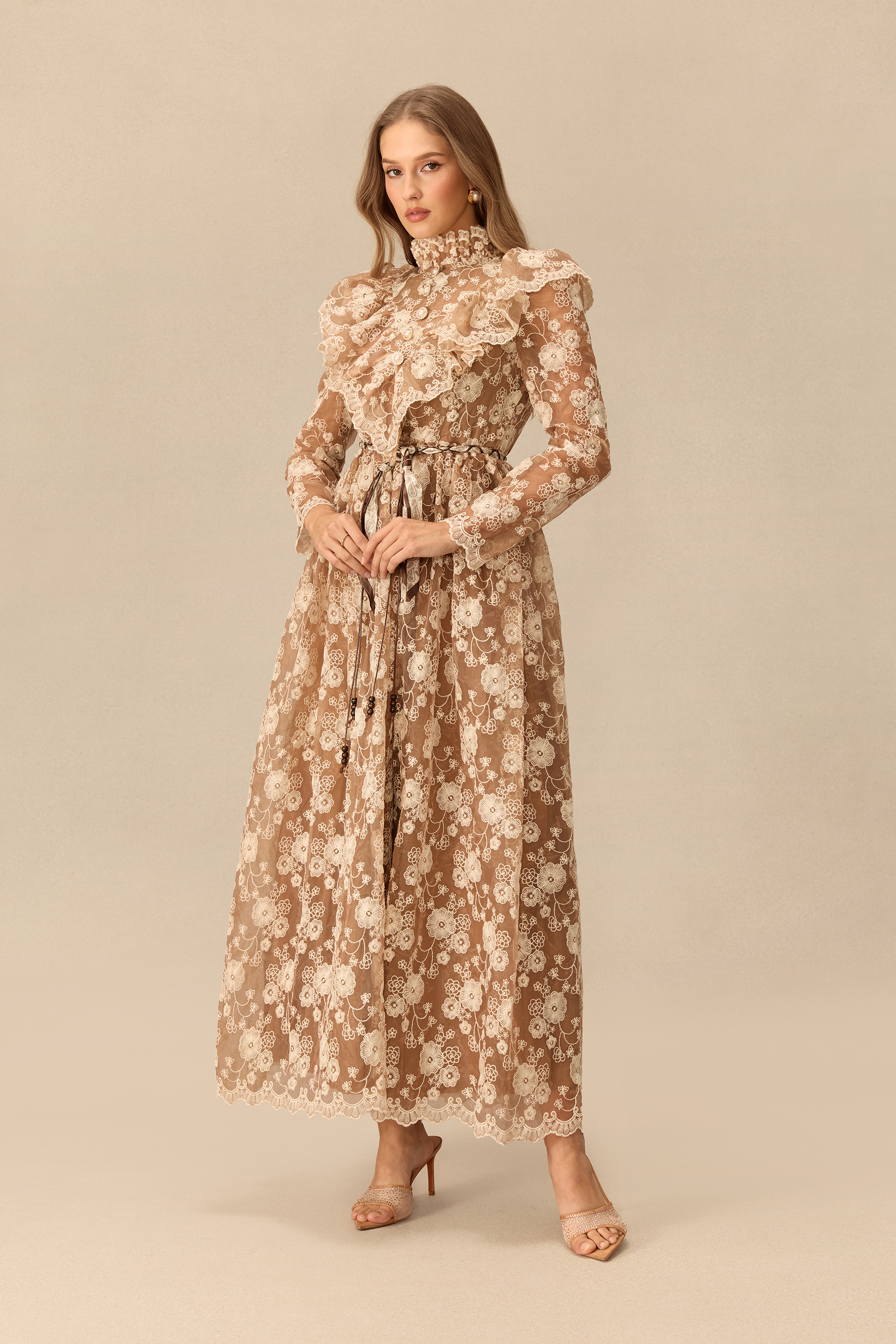 Graceful Bloom Floral Lace Ruffle Shoulder Maxi Dress