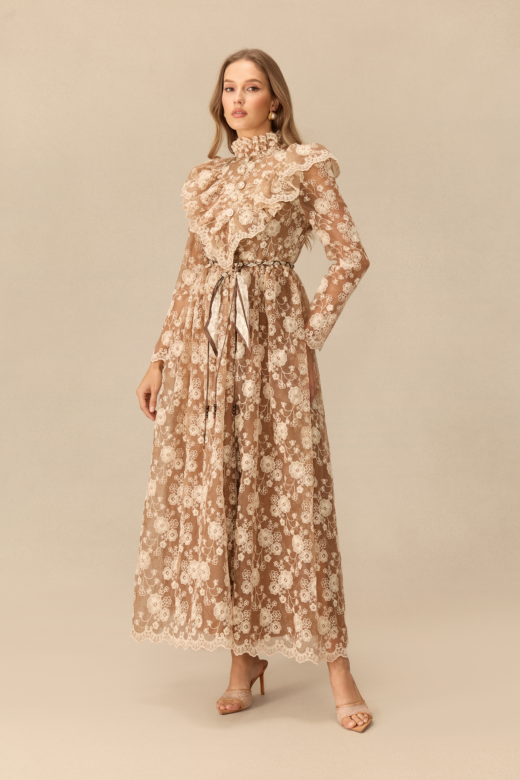 Graceful Bloom Floral Lace Ruffle Shoulder Maxi Dress