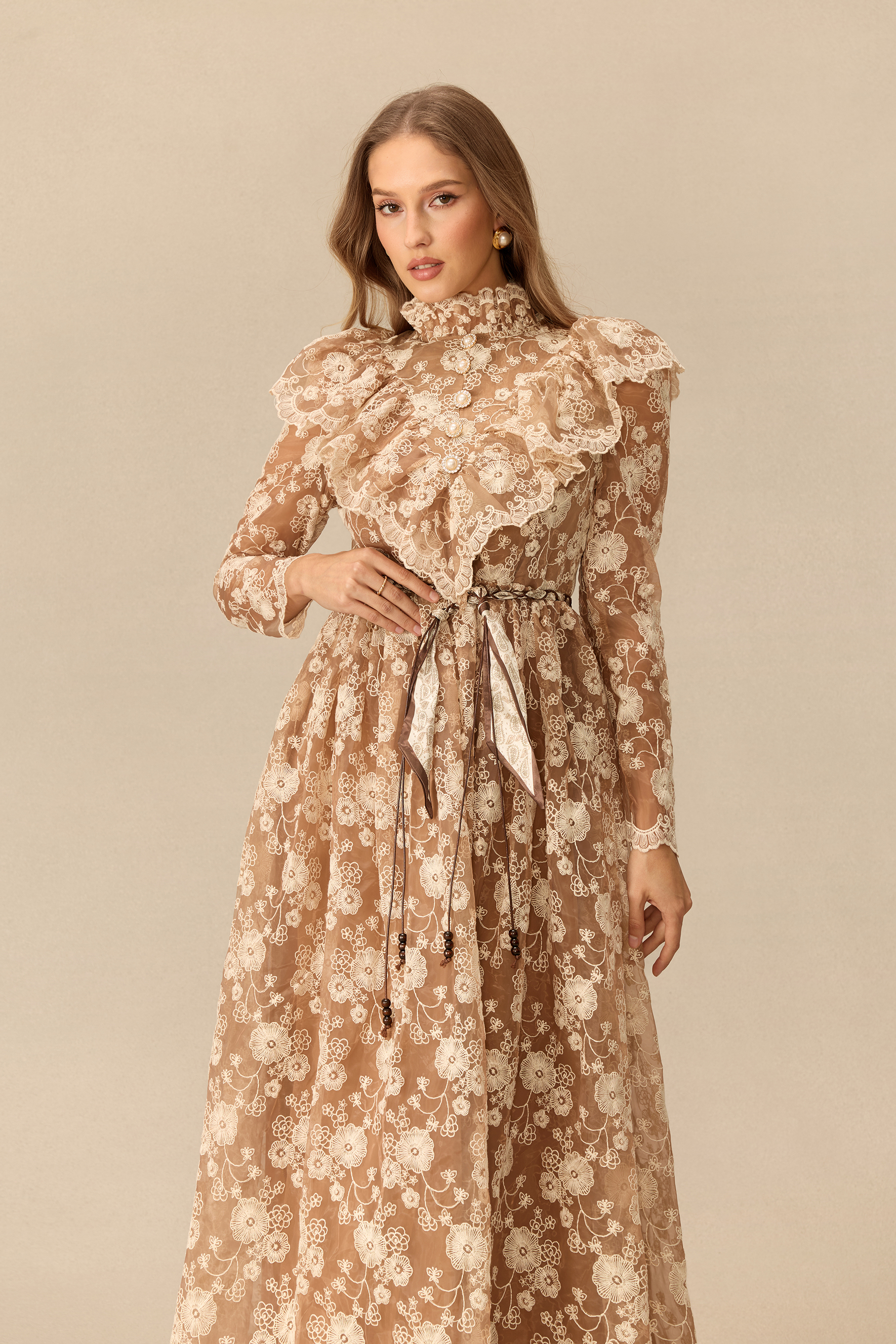 Graceful Bloom Floral Lace Ruffle Shoulder Maxi Dress