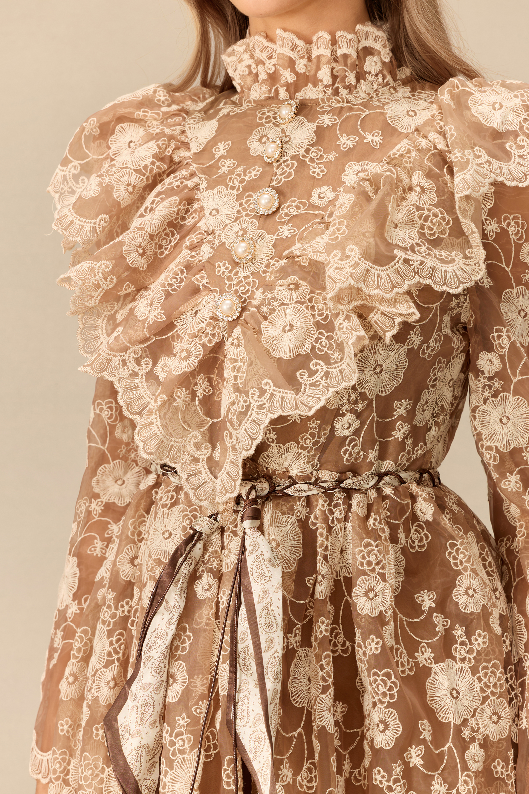 Graceful Bloom Floral Lace Ruffle Shoulder Maxi Dress