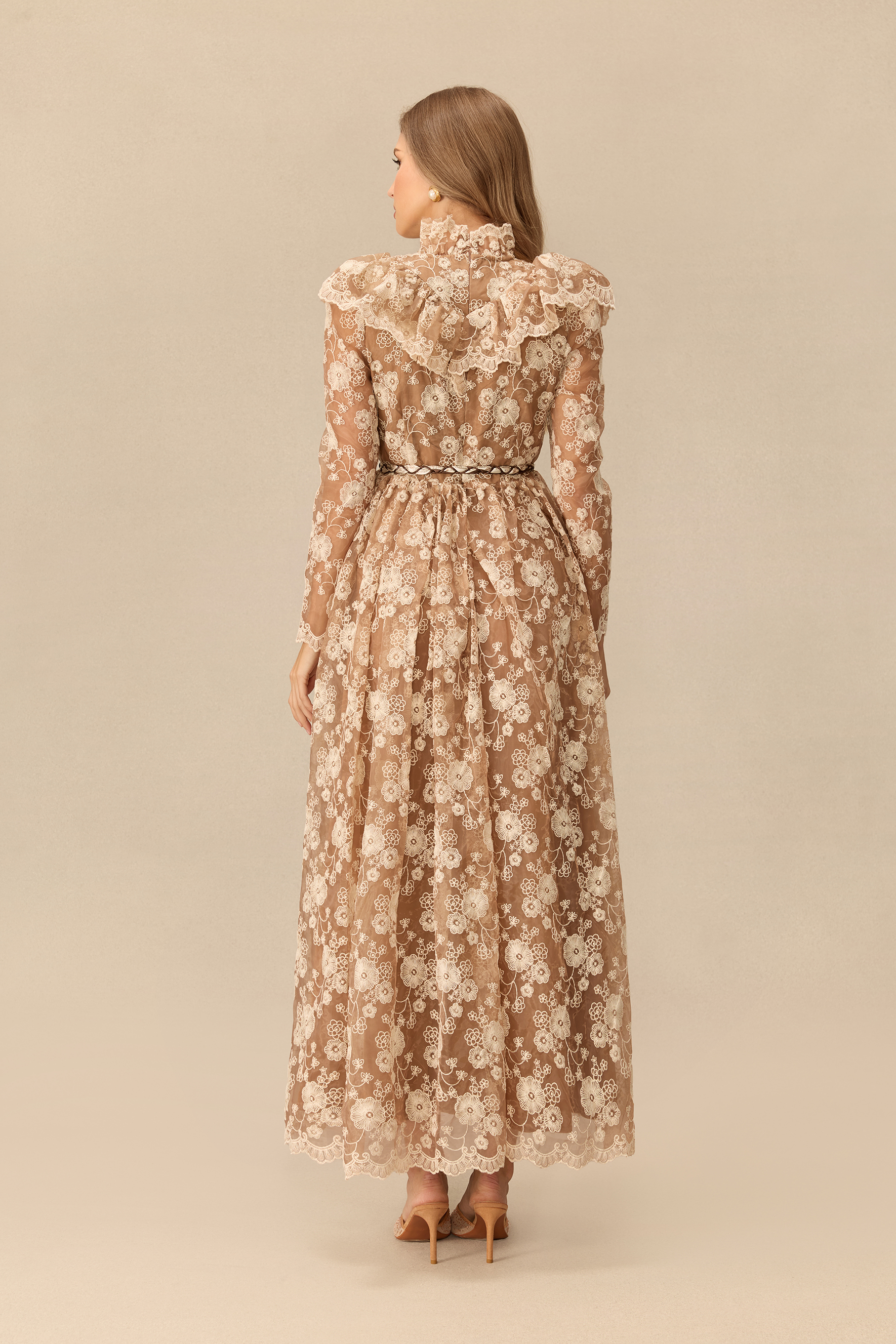 Graceful Bloom Floral Lace Ruffle Shoulder Maxi Dress