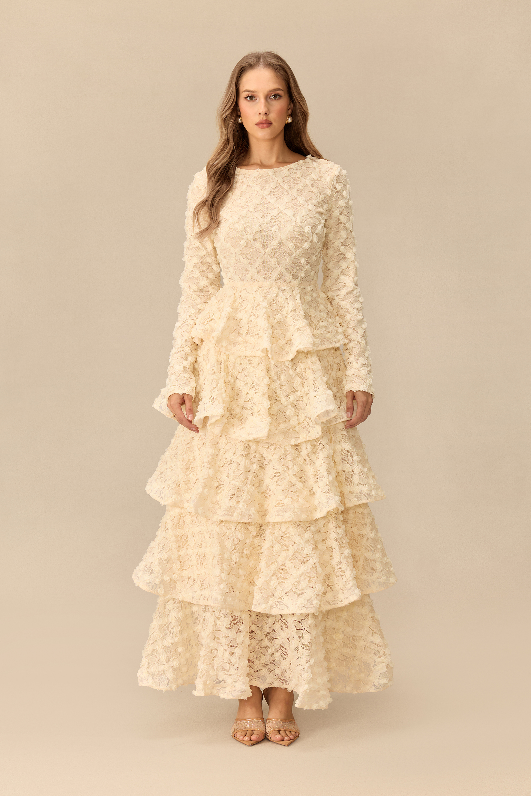 Pretty Reverie Long Sleeve Tiered Lace Maxi Dress
