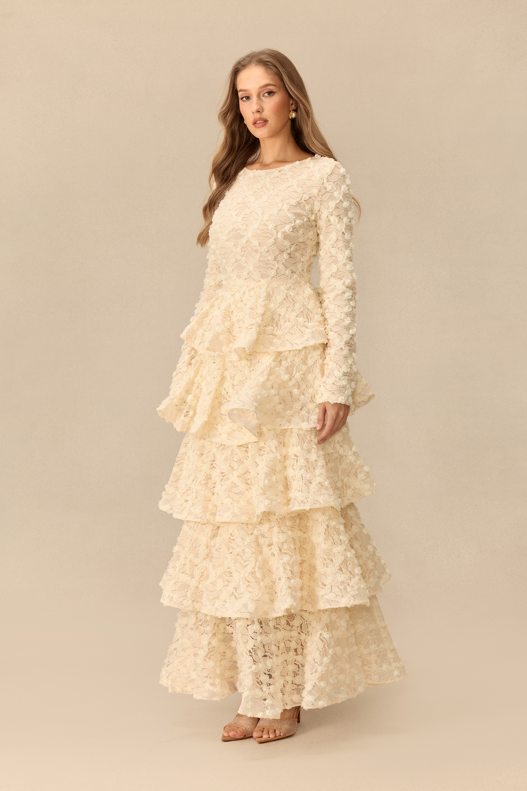 Pretty Reverie Long Sleeve Tiered Lace Maxi Dress
