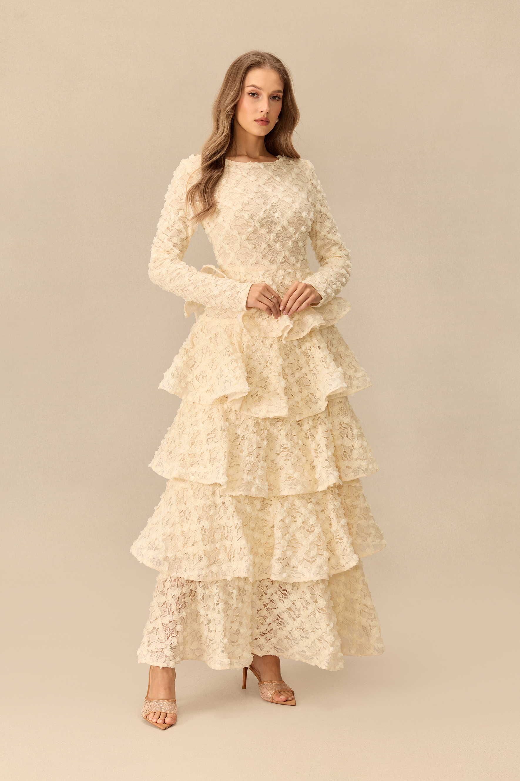 Pretty Reverie Long Sleeve Tiered Lace Maxi Dress