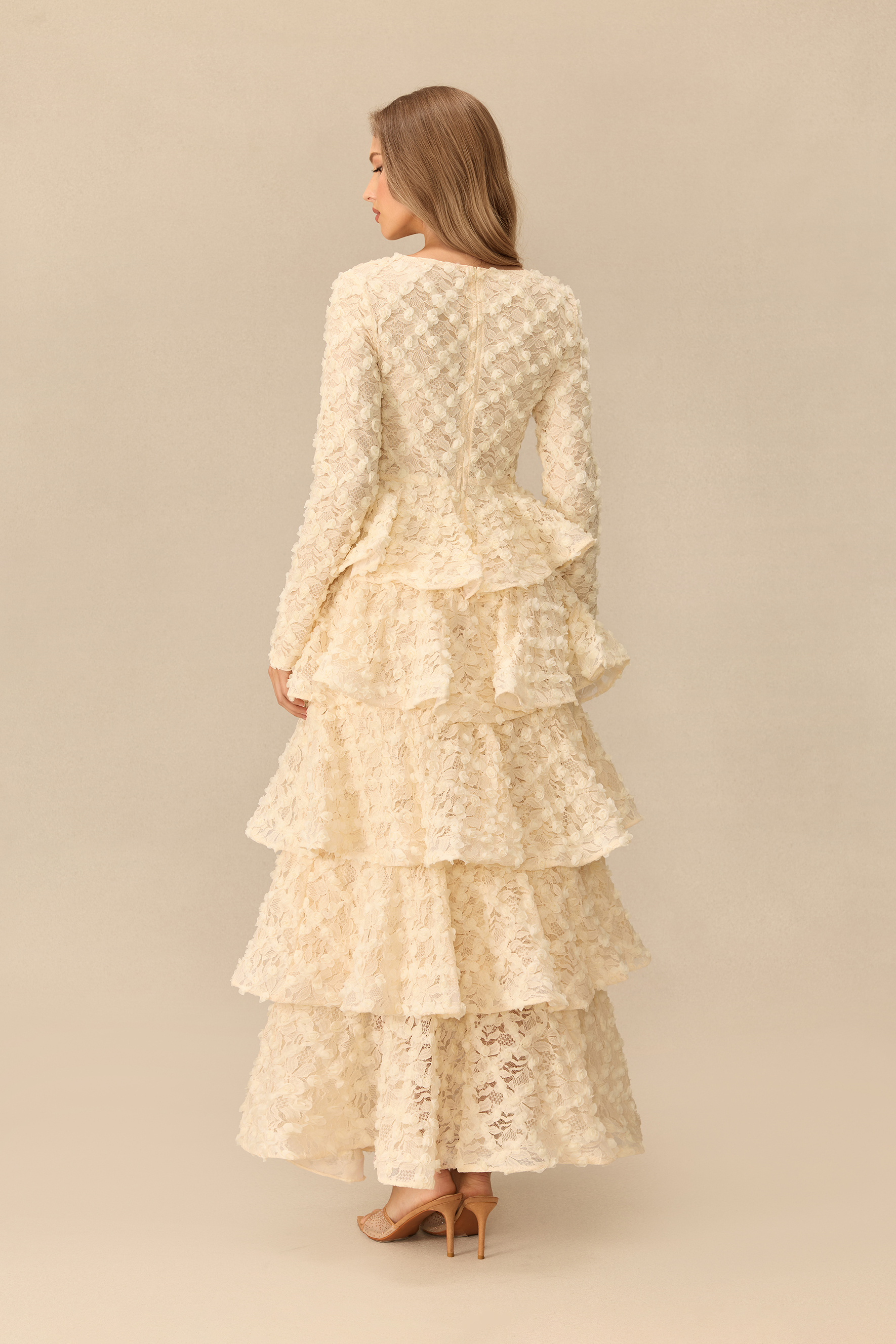 Pretty Reverie Long Sleeve Tiered Lace Maxi Dress