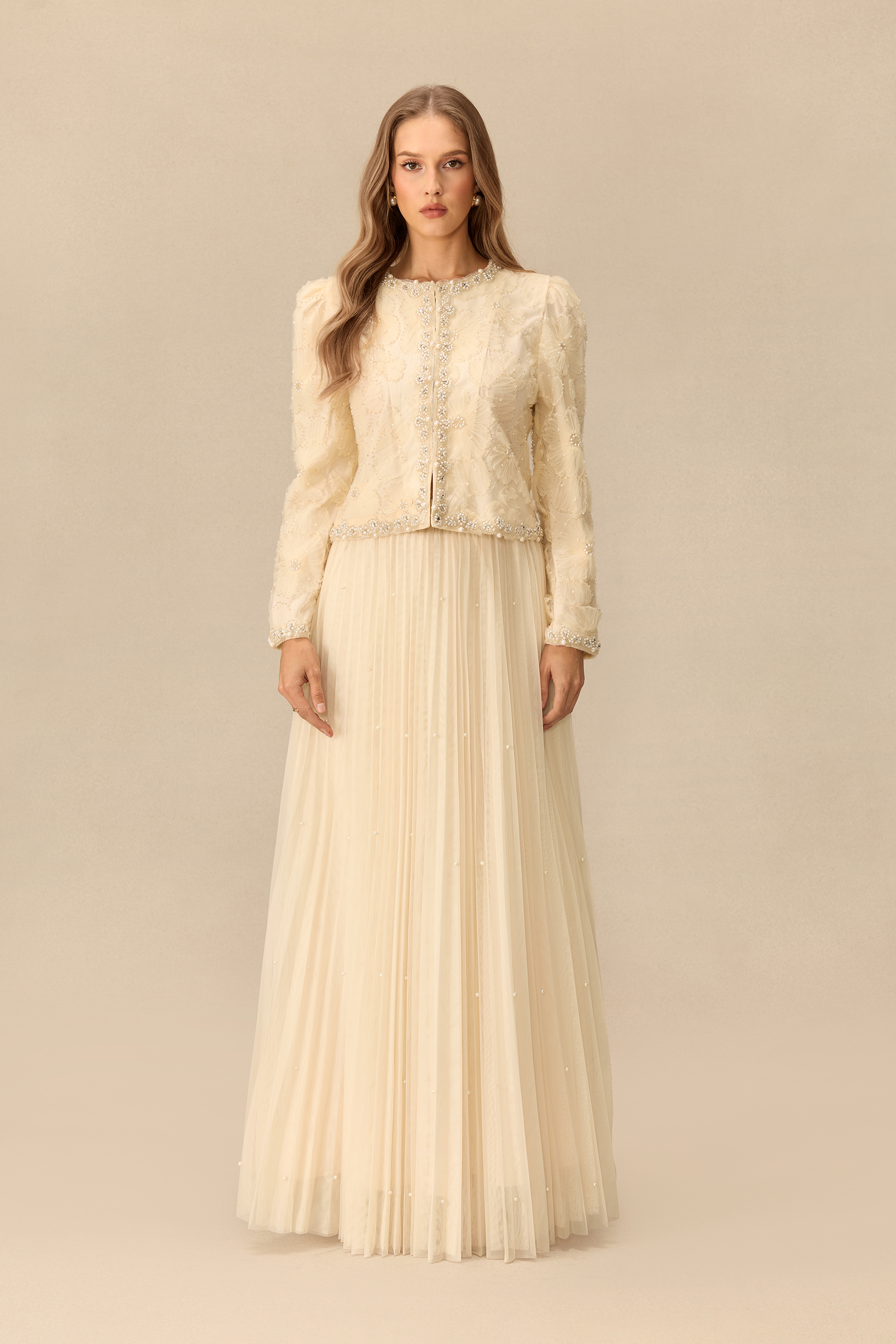 Memorable Night Embellished Cropped Jacket & Pleated Skirt Set