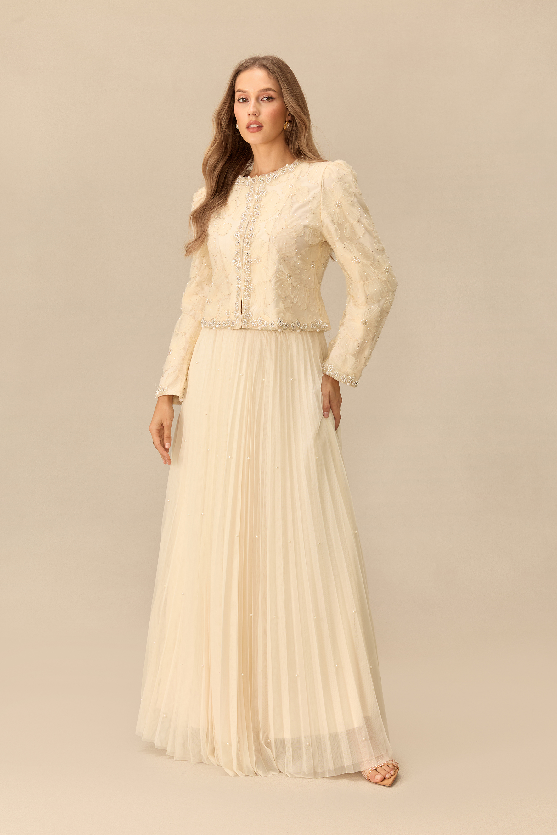 Memorable Night Embellished Cropped Jacket & Pleated Skirt Set