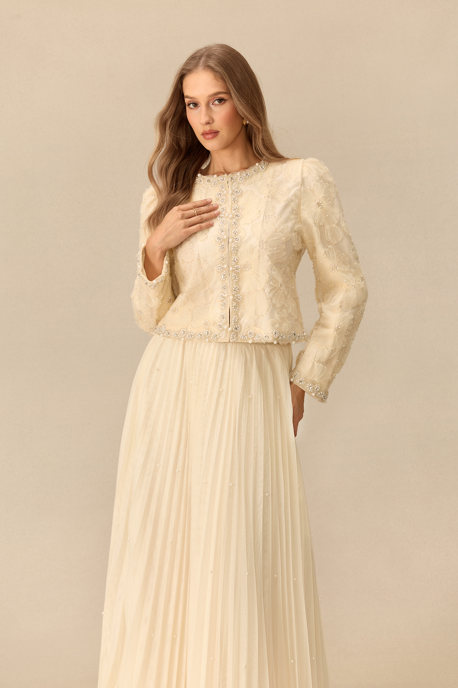 Memorable Night Embellished Cropped Jacket & Pleated Skirt Set