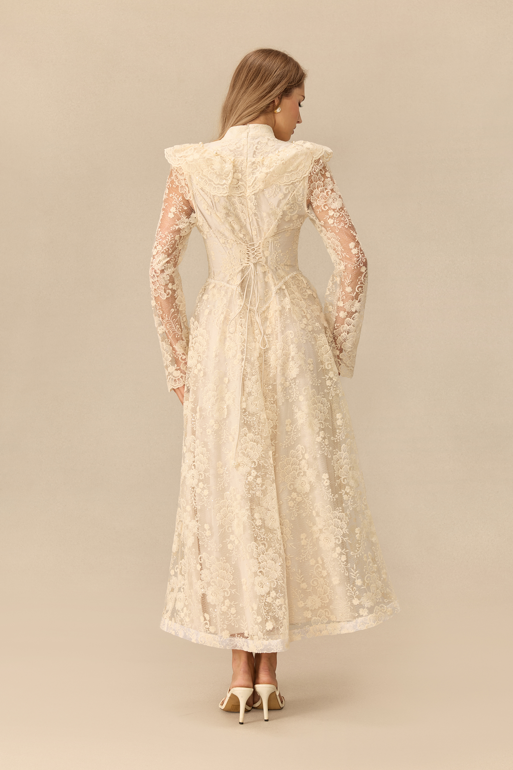Moment Of Grace Floral Embroidery Sheer Sleeve Lace Maxi Dress