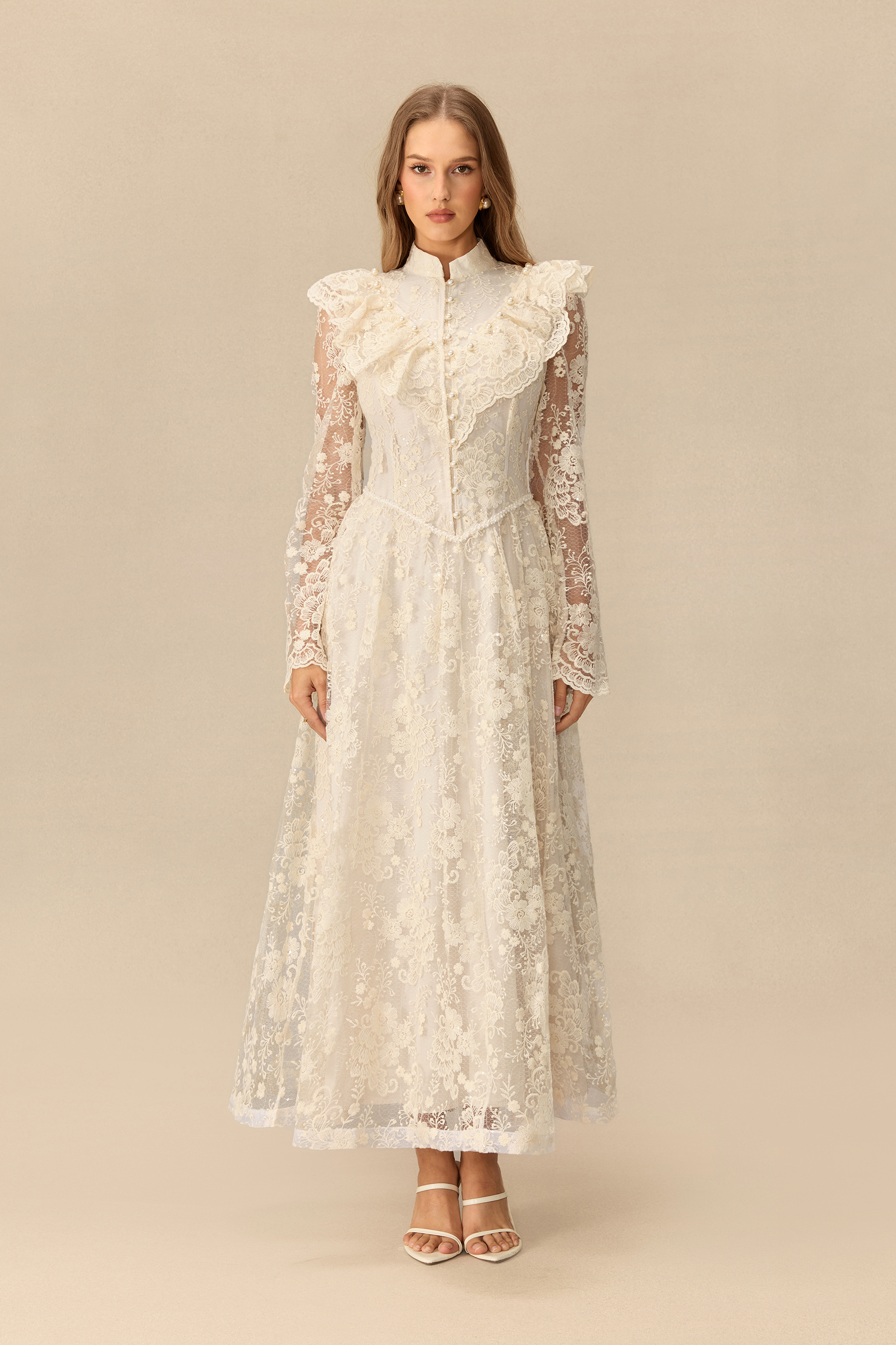 Moment Of Grace Floral Embroidery Sheer Sleeve Lace Maxi Dress
