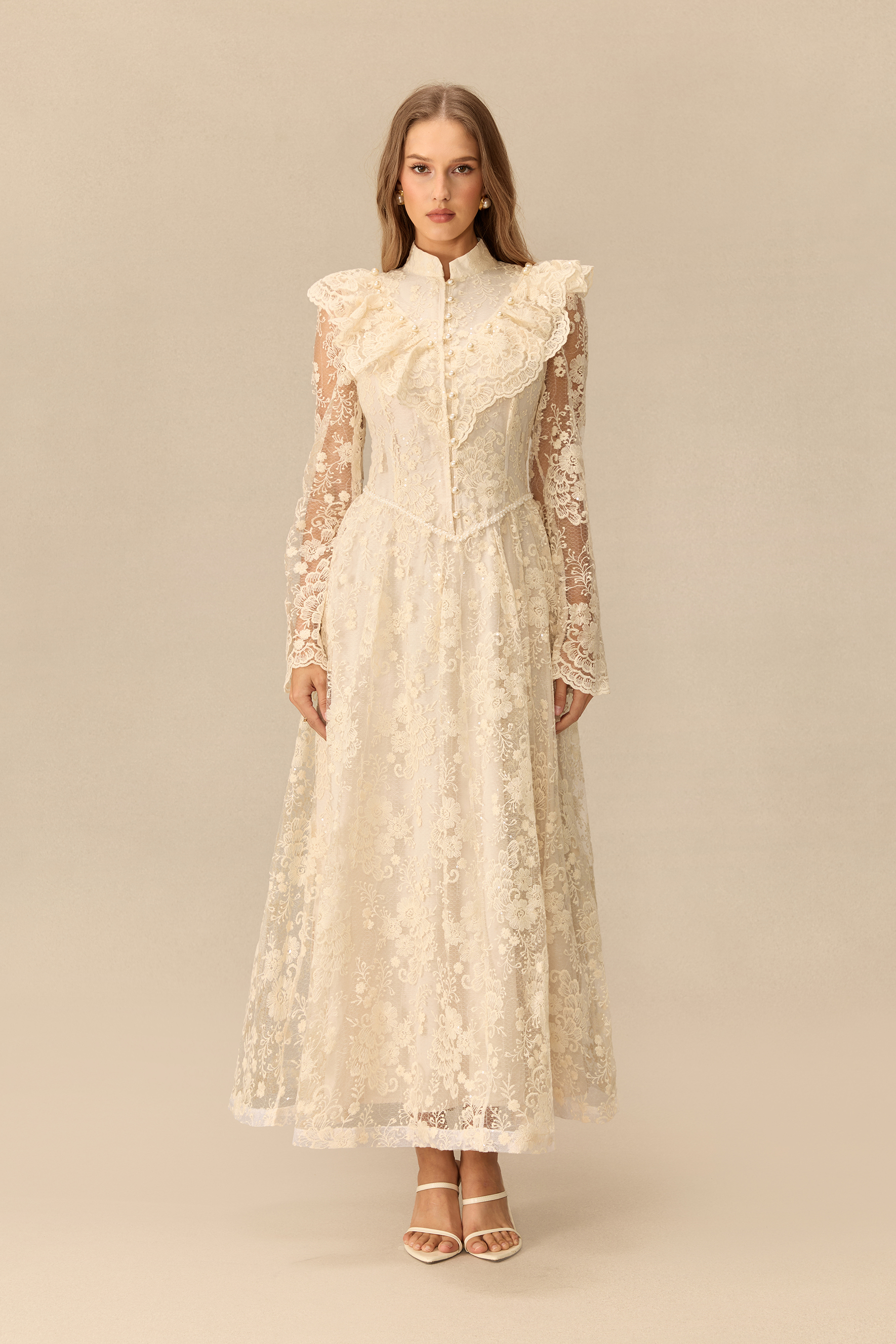 Moment Of Grace Floral Embroidery Sheer Sleeve Lace Maxi Dress