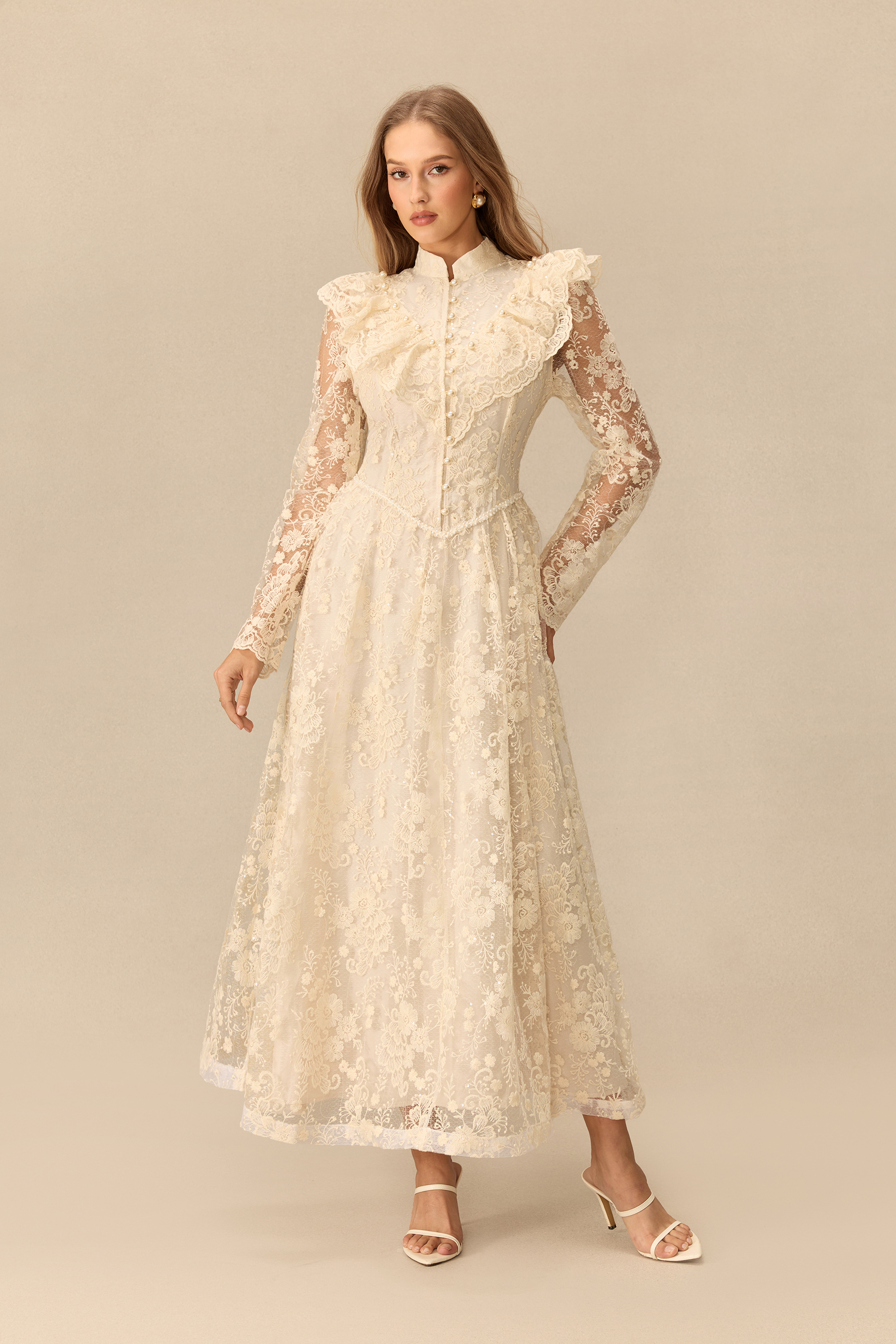 Moment Of Grace Floral Embroidery Sheer Sleeve Lace Maxi Dress