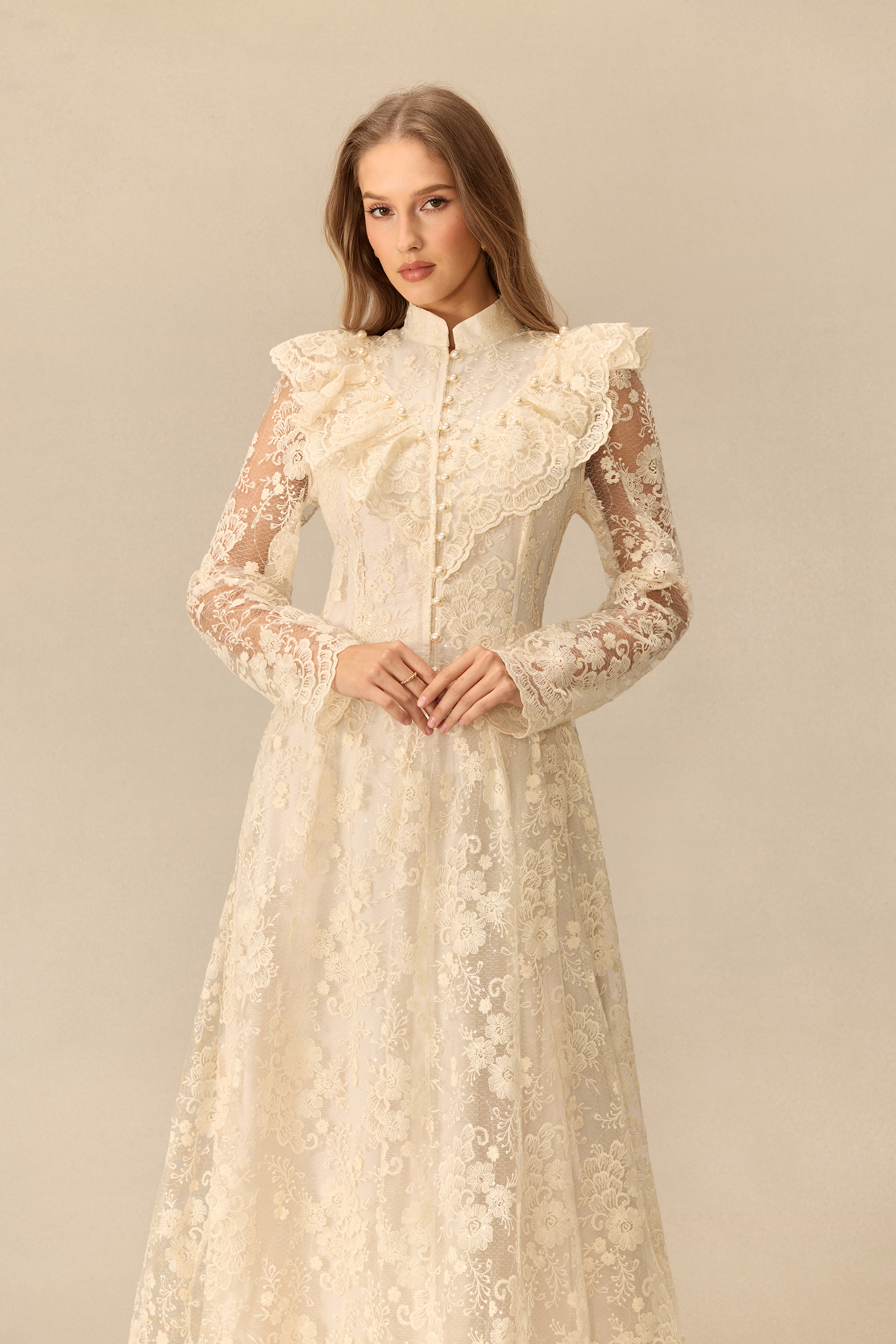 Moment Of Grace Floral Embroidery Sheer Sleeve Lace Maxi Dress