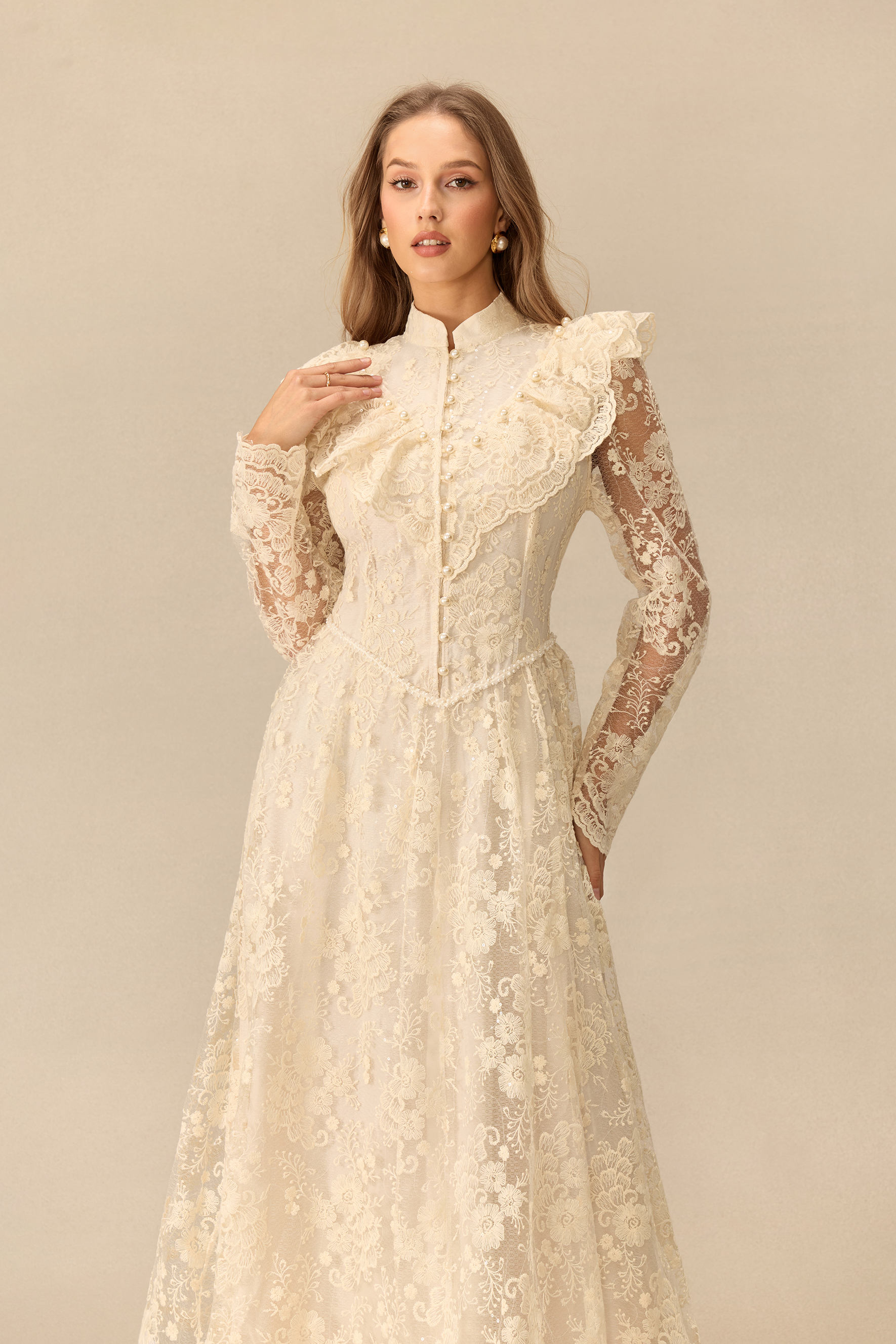 Moment Of Grace Floral Embroidery Sheer Sleeve Lace Maxi Dress
